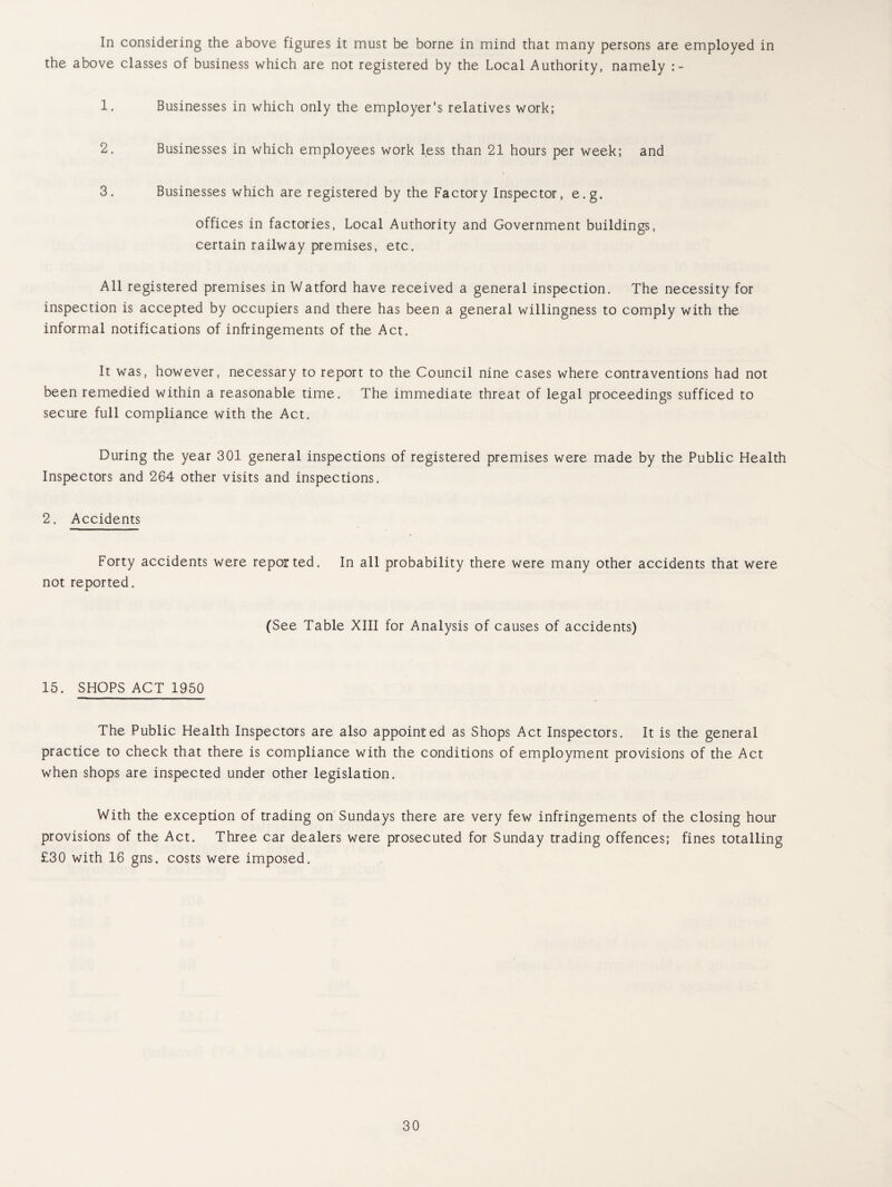 In considering the above figures it must be borne in mind that many persons are employed in the above classes of business which are not registered by the Local Authority, namely 1. Businesses in which only the employer's relatives work; 2. Businesses in which employees work less than 21 hours per week; and 3. Businesses which are registered by the Factory Inspector, e.g. offices in factories, Local Authority and Government buildings, certain railway premises, etc. All registered premises in Watford have received a general inspection. The necessity for inspection is accepted by occupiers and there has been a general willingness to comply with the informal notifications of infringements of the Act. It was, however, necessary to report to the Council nine cases where contraventions had not been remedied within a reasonable time. The immediate threat of legal proceedings sufficed to secure full compliance with the Act. During the year 301 general inspections of registered premises were made by the Public Health Inspectors and 264 other visits and inspections. 2. Accidents Forty accidents were reported. In all probability there were many other accidents that were not reported. (See Table XIII for Analysis of causes of accidents) 15. SHOPS ACT 1950 The Public Health Inspectors are also appointed as Shops Act Inspectors. It is the general practice to check that there is compliance with the conditions of employment provisions of the Act when shops are inspected under other legislation. With the exception of trading on Sundays there are very few infringements of the closing hour provisions of the Act. Three car dealers were prosecuted for Sunday trading offences; fines totalling £30 with 16 gns. costs were imposed.