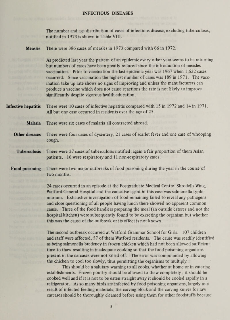 INFECTIOUS DISEASES Measles Infective hepatitis Malaria Other diseases Tuberculosis Food poisoning The number and age distribution of cases of infectious disease, excluding tuberculosis, notified in 1973 is shown in Table VIIL There were 386 cases of measles in 1973 compared with 66 in 1972. As predicted last year the pattern of an epidemic every other year seems to be returning but numbers of cases have been greatly reduced since the introduction of measles vaccination. Prior to vaccination the last epidemic year was 1967 when 1,632 cases occurred. Since vaccination the highest number of cases was 189 in 1971. The vacc¬ ination take up rate shows no signs of improving and unless the manufacturers can produce a vaccine which does not cause reactions the rate is not likely to improve significantly despite vigorous health education. There were 10 cases of infective hepatitis compared with 15 in 1972 and 14 in 1971, All but one case occurred in residents over the age of 25. There were six cases of malaria all contracted abroad. There were four cases of dysentery, 21 cases of scarlet fever and one case of whooping cough. There were 27 cases of tuberculosis notified, again a fair proportion of them Asian patients. 16 were respiratory and 11 non-respiratory cases. There were two major outbreaks of food poisoning during the year in the course of two months. 24 cases occurred in an episode at the Postgraduate Medical Centre, Shrodells Wing, Watford General Hospital and the causative agent in this case was salmonella typhi- murium. Exhaustive investigation of food remaining failed to reveal any pathogens and close questioning of all people having lunch there showed no apparent common cause. Three of the food handlers preparing the meal (an outside caterer and not the hospital kitchen) were subsequently found to be excreting the organism but whether this was the cause of the outbreak or its effect is not known. The second outbreak occurred at Watford Grammar School for Girls. 107 children and staff were affected, 57 of them Watford residents. The cause was readily identified as being salmonella bredeney in frozen chicken which had not been allowed sufficient time to thaw resulting in inadequate cooking so that the food poisoning organisms present in the carcases were not killed off. The error was compounded by allowing the chicken to cool too slowly, thus permitting the organisms to multiply This should be a salutary warning to all cooks, whether at home or in catering establishments. Frozen poultry should be allowed to thaw completely; it should be cooked well and if it is not to be eaten straight away it should be cooled rapidly in a refrigerator. As so many birds are infected by food poisoning organisms, largely as a result of infected feeding materials, the carving block and the carving knives for raw carcases should be thoroughly cleansed before using them for other foodstuffs because