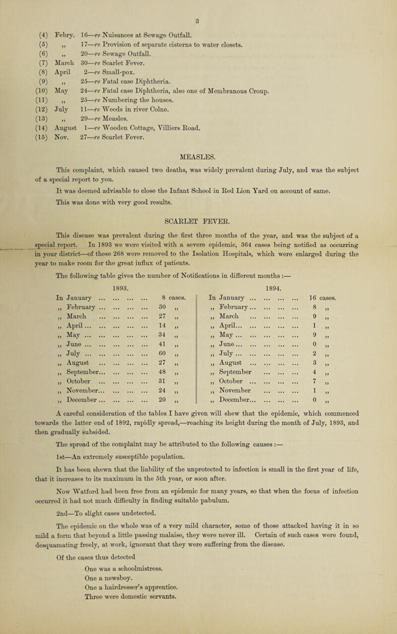 (4) Febry. 16—re Nuisances at Sewage Outfall. (5) ff 17—re Provision of separate cisterns to water closets. (6) 20—re Sewage Outfall. (7) March 30—re Scarlet Fever. (8) April 2—re Small-pox. (9) )) 25—re Fatal case Diphtheria. (10) May 24—re Fatal case Diphtheria, also one of Membranous Croup. (11) ff 25—re Numbering the houses. (12) July 11—re Weeds in river Colne. (13) ff 29—re Measles. (14) August 1—re Wooden Cottage, Villiers Road. (15) Nov. 27—re Scarlet Fever. MEASLES. This complaint, which caused two deaths, was widely prevalent during July, and was the subject of a special report to you. It was deemed advisable to close the Infant School in Red Lion Yard on account of same. This was done with very good results. SCARLET FEVER. This disease was prevalent during the first three months of the year, and was the subject of a special report. In 1893 we were visited with a severe epidemic, 364 cases being notified as occurring in your district—of these 268 were removed to the Isolation Hospitals, which were enlarged during the year to make room for the great influx of patients. The following table gives the number of Notifications in different months :— 1893. 1894 January . 8 cases. In January ... . 16 cases February . 30 ff ,, February... . 8 >> March . 27 ff ,, March . 9 ff April. 14 ff ,, April. . 1 ff May. 34 ff „ May. . 9 ff June. 41 ff ,, June. . 0 ff July. 60 ff „ July. . 2 ff August . 27 ff ,, August . 3 ff September. 48 ff „ September . 4 ff October . 31 ff ,, October ... . 7 ff November. 24 ff ,, November . 1 ff December. 20 ff ,, December... . 0 ff A careful consideration of the tables I have given will shew that the epidemic, which commenced towards the latter end of 1892, rapidly spread,—reaching its height during the month of July, 1893, and then gradually subsided. The spread of the complaint may be attributed to the following causes :— 1st—An extremely susceptible population. It has been shewn that the liability of the unprotected to infection is small in the first year of life, that it increases to its maximum in the 5th year, or soon after. Now Watford had been free from an epidemic for many years, so that when the focus of infection occurred it had not much difficulty in finding suitable pabulum. 2nd—To slight cases undetected. The epidemic on the whole was of a very mild character, some of those attacked having it in so mild a form that beyond a little passing malaise, they were never ill. Certain of such cases were found, desquamating freely, at work, ignorant that they were suffering from the disease. Of the cases thus detected One was a schoolmistress. One a newsboy. One a hairdresser’s apprentice. Three were domestic servants.