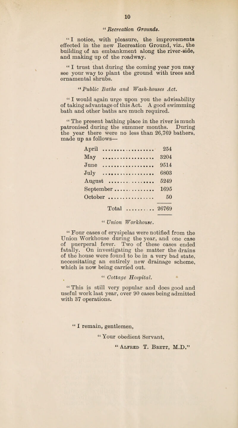 “ Recreation Grounds. “ I notice, with pleasure, the improvements effected in the new Recreation Ground, viz., the building of an embankment along the river-side, and making up of the roadway. “ I trust that during the coming year you may see your way to plant the ground with trees and ornamental shrubs. “Public Baths and Wash-houses Act. “ I would again urge upon you the advisability of taking advantage of this Act. A good swimming bath and other baths are much required. “ The present bathing place in the river is much patronised during the summer months. During the year there were no less than 26,769 bathers, made up as follows— April . 254 May . 3204 June . 9514 July . 6803 August . 5249 September. 1695 October. 50 Total . 26769 “ Union Workhouse. “ Four cases of erysipelas were notified from the Union Workhouse during the year, and one case of puerperal fever. Two of these cases ended fatally. On investigating the matter the drains of the house were found to be in a very bad state, necessitating an entirely new drainage scheme, which is now being carried out. “ Cottage Hospital. “ This is still very popular and does good and useful work last year, over 90 cases being admitted with 37 operations. “ I remain, gentlemen, “ Your obedient Servant, “ Alfred T. Brett, M.D.”