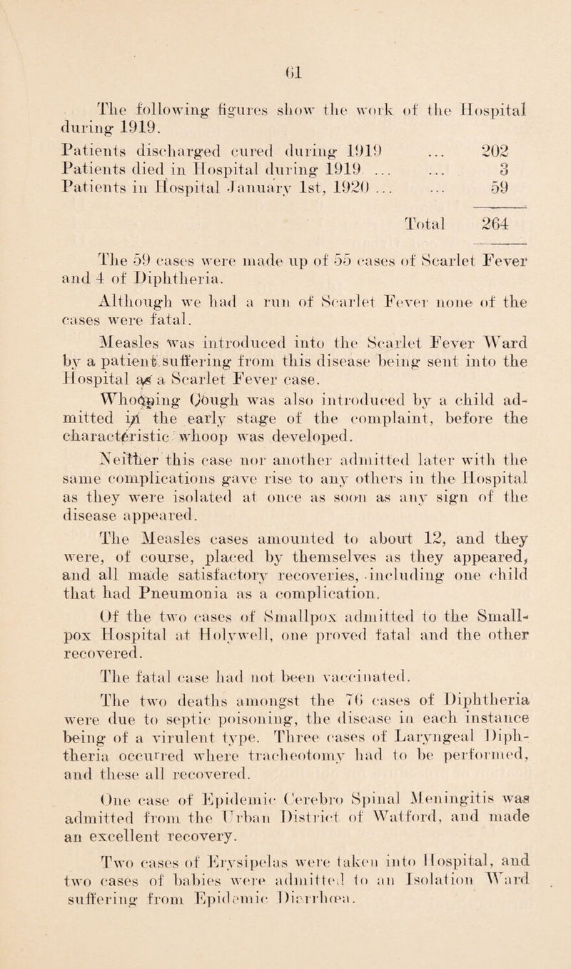 The following* figures show the work of the Hospital during* 1919. Patients discharged cured during* 1919 ... 202 Patients died in Hospital during* 1919 ... ... 3 Patients in Hospital January 1st, 1920 ... ... 59 Total 264 The 59 cases were made up of 55 cases of Scarlet Fever and 4 of Diphtheria. Although we had a run of Scarlet Fever none of the cases were fatal. Measles was introduced into the Scarlet Fever Ward by a patient suffering* from this disease being* sent into the Hospital m a Scarlet Fever case. Whopping (jough was also introduced by a child ad¬ mitted i;i the early stage of the complaint, before the characteristic whoop was developed. Neither this case nor another admitted later with the same complications gave rise to any others in the Hospital as they were isolated at once as soon as any sign of the disease appeared. The Measles cases amounted to about 12, and they were, of course, placed by themselves as they appeared* and all made satisfactory recoveries, including one child that had Pneumonia as a complication. Of the two cases of Smallpox admitted to the Small¬ pox Hospital at Holywell, one proved fatal and the other recovered. The fatal case had not been vaccinated. The two deaths amongst the 76 cases of Diphtheria were due to septic poisoning, the disease in each instance being* of a virulent type. Three cases of Laryngeal Diph¬ theria occurred where tracheotomy had to be performed, and these all recovered. One case of Epidemic Cerebro Spinal Meningitis was admitted from the Urban District of Watford, and made an excellent recovery. Two cases of Erysipelas were taken into Hospital, and two cases of babies were admitted to an Isolation Ward suffering from Epidemic Diarrhoea.