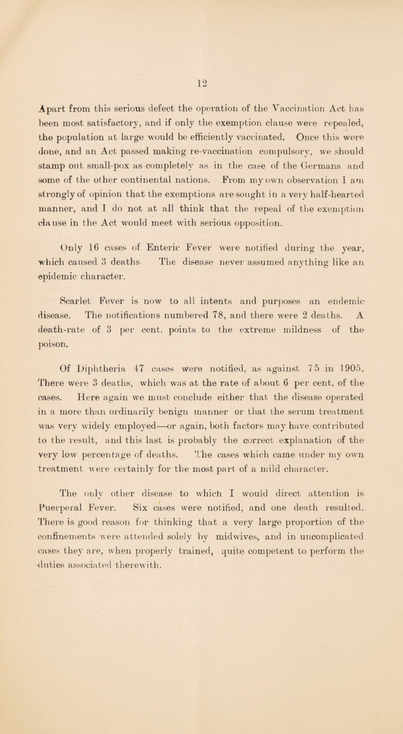 Apart from this serious defect the operation of the Vaccination Act has been most satisfactory, and if only the exemption clause were repealed, the population at large would be efficiently vaccinated. Once this were done, and an Act passed making re-vaccination compulsory, we should stamp out small-pox as completely as in the case of the Germans and some of the other continental nations. From my own observation I am strongly of opinion that the exemptions are sought in a very half-hearted manner, and I do not at all think that the repeal of the exemption clause in the Act would meet with serious opposition. Only 16 cases of Enteric Fever were notified during the year, which caused 3 deaths- The disease never assumed anything like an epidemic character. Scarlet Fever is now to all intents and purposes an endemic- disease. The notifications numbered 78, and there were 2 deaths. A death-rate of 3 per cent, points to the extreme mildness of the poison. Of Diphtheria 47 cases were notified, as against 7 5 in 1905. There were 3 deaths, which was at the rate of about 6 per cent, of the cases. Here again we must conclude either that the disease operated in a more than ordinarily benign manner or that the serum treatment was very widely employed—or again, both factors may have contributed to the result, and this last is probably the correct explanation of the very low percentage of deaths. The cases which came under my own treatment were certainly for the most part of a mild character. The only other disease to which I would direct attention is Puerperal Fever. Six cases were notified, and one death resulted. There is good reason for thinking that a very large proportion of the confinements were attended solely by midwives, and in uncomplicated cases they are, when properly trained, quite competent to perform the -duties associated therewith.