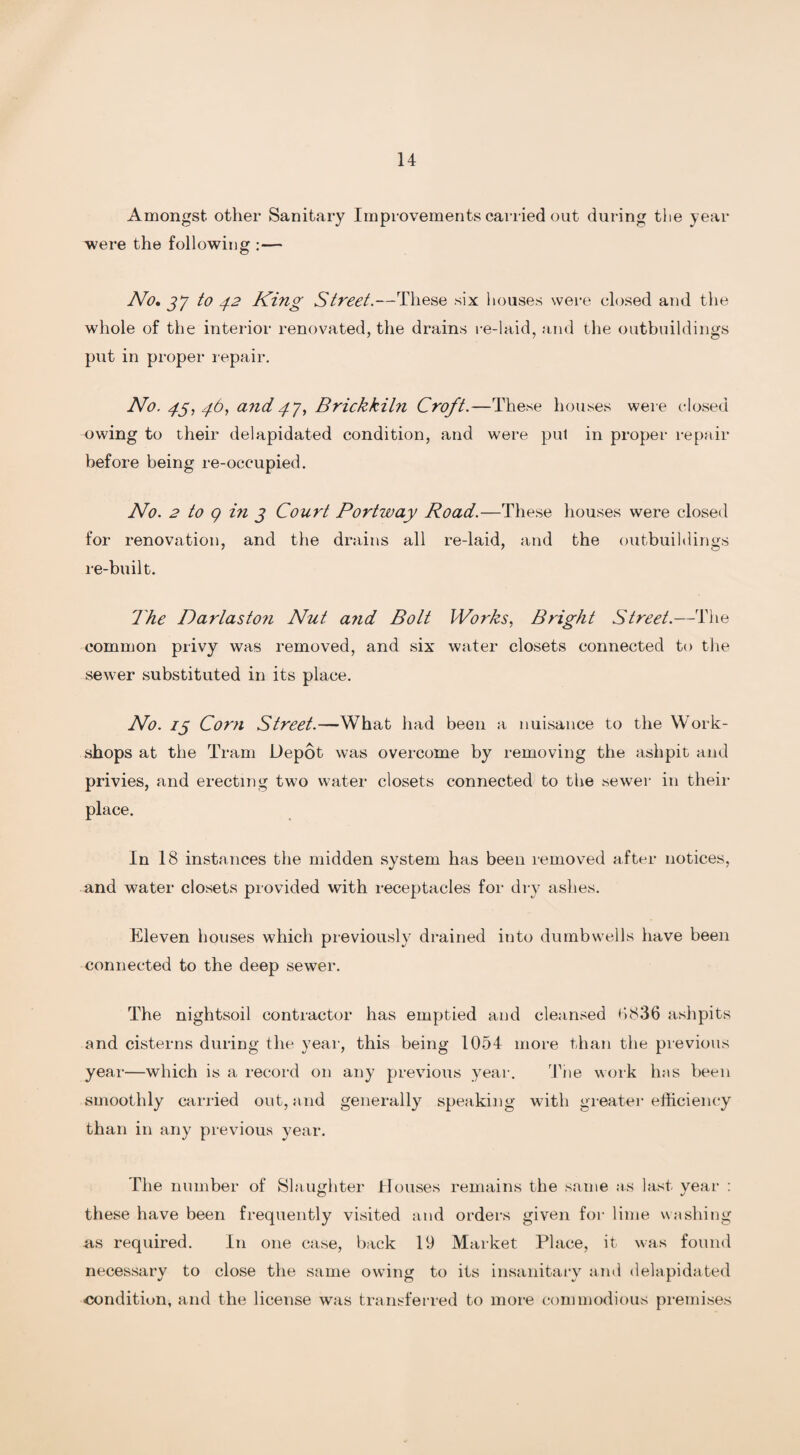 Amongst other Sanitary Improvements carried out during the year were the following :— No. jy to 42 Khig Street.—These six houses were closed and the whole of the interior renovated, the drains re-laid, and the outbuildings put in proper repair. No. 43, 4b, and4y, Brickkiln Croft.—These houses were closed owing to their delapidated condition, and were put in proper repair before being re-occupied. No. 2 to q in 3 Court Portway Road.—These houses were closed for renovation, and the drains all re-laid, and the outbuildings re-built. The Darlaston Nut and Bolt Works, Bright Street.—The common privy was removed, and six water closets connected to the sewer substituted in its place. No. 13 Corn Street.—What had been a nuisance to the Work¬ shops at the Tram Depot was overcome by removing the ashpit and privies, and erecting two water closets connected to the sewer in their place. In 18 instances the midden system has been removed after notices, and water closets provided with receptacles for dry ashes. Eleven houses which previously drained into dumbwells have been connected to the deep sewer. The nightsoil contractor has emptied and cleansed 8836 ashpits and cisterns during the year, this being 1054 more than the previous year—which is a record on any previous year. The work has been smoothly carried out, and generally speaking with greater efficiency than in any previous year. The number of Slaughter Houses remains the same as last year : these have been frequently visited and orders given for lime washing as required. In one case, back 19 Market Place, it was found necessary to close the same owing to its insanitary and delapidated condition, and the license was transferred to more commodious premises