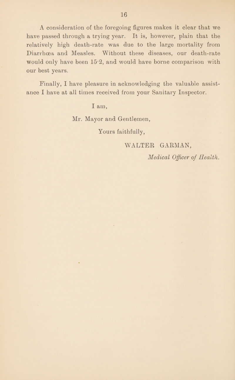A consideration of the foregoing figures makes it clear that we have passed through a trying year. It is, however, plain that the relatively high death-rate was due to the large mortality from Diarrhoea and Measles. Without these diseases, our death-rate would only have been lfi-2, and would have borne comparison with our best years. Finally, I have pleasure in acknowledging the valuable assist¬ ance I have at all times received from your Sanitary Inspector. I am, Mr. Mayor and Gentlemen, Yours faithfully, WALTER GARMAN, Medical Officer of Health.