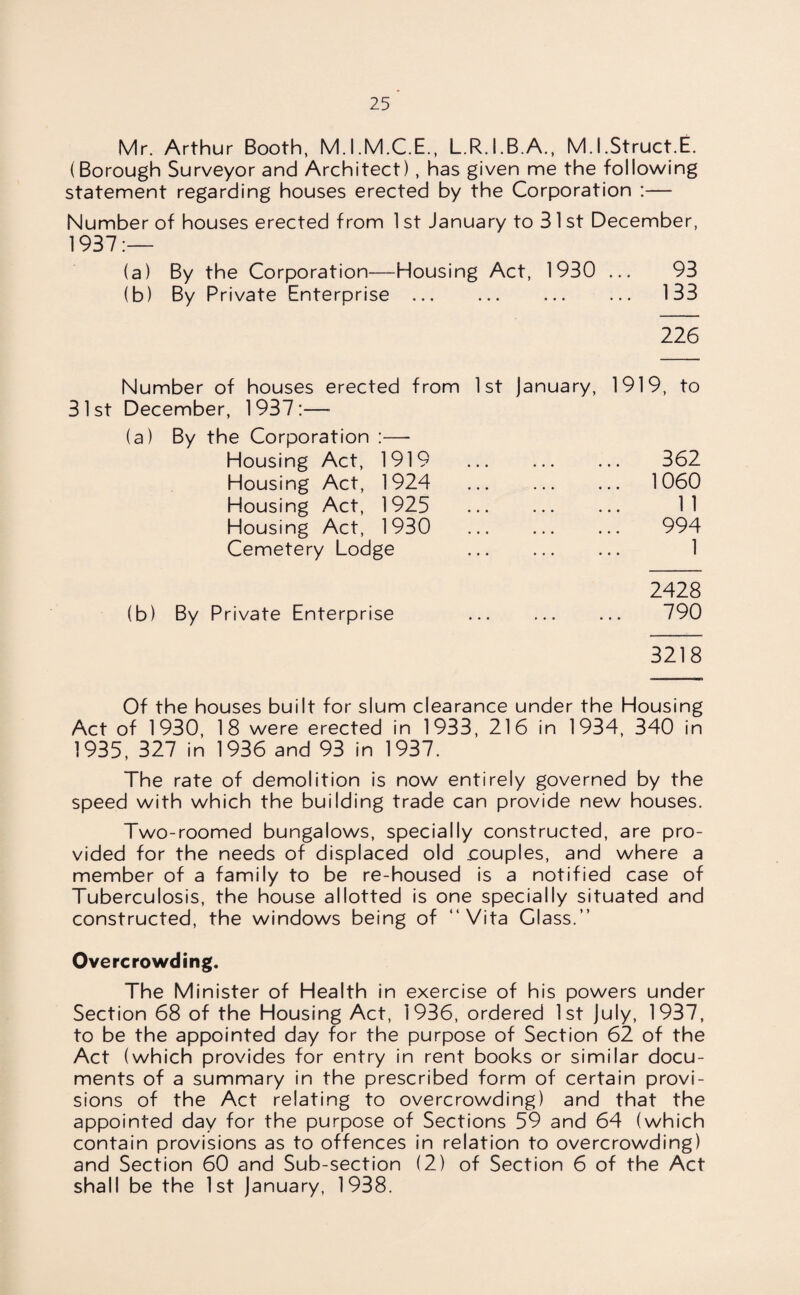 Mr. Arthur Booth, M.I.M.C.E., L.R.I.B.A., M.l.Struct.E. (Borough Surveyor and Architect), has given me the following statement regarding houses erected by the Corporation :— Number of houses erected from 1 st January to 3 1 st December, 1937:— (a) By the Corporation—Housing Act, 1930 ... 93 (b) By Private Enterprise. 133 226 Number of houses erected from 1st January, 1919, to 31st December, 1937:—- (a) By the Corporation :—- Housing Act, 1919 . 362 Housing Act, 1924 . 1060 Housing Act, 1925 . 1 1 Housing Act, 1930 . 994 Cemetery Lodge . 1 2428 By Private Enterprise . 790 3218 Of the houses built for slum clearance under the Housing Act of 1930, 18 were erected in 1933, 216 in 1934, 340 in 1935, 327 in 1936 and 93 in 1937. The rate of demolition is now entirely governed by the speed with which the building trade can provide new houses. Two-roomed bungalows, specially constructed, are pro¬ vided for the needs of displaced old .couples, and where a member of a family to be re-housed is a notified case of Tuberculosis, the house allotted is one specially situated and constructed, the windows being of “Vita Class.’’ Overcrowding. The Minister of Health in exercise of his powers under Section 68 of the Housing Act, 1936, ordered 1st July, 1937, to be the appointed day for the purpose of Section 62 of the Act (which provides for entry in rent books or similar docu¬ ments of a summary in the prescribed form of certain provi¬ sions of the Act relating to overcrowding) and that the appointed day for the purpose of Sections 59 and 64 (which contain provisions as to offences in relation to overcrowding) and Section 60 and Sub-section (2) of Section 6 of the Act shall be the 1st January, 1938.