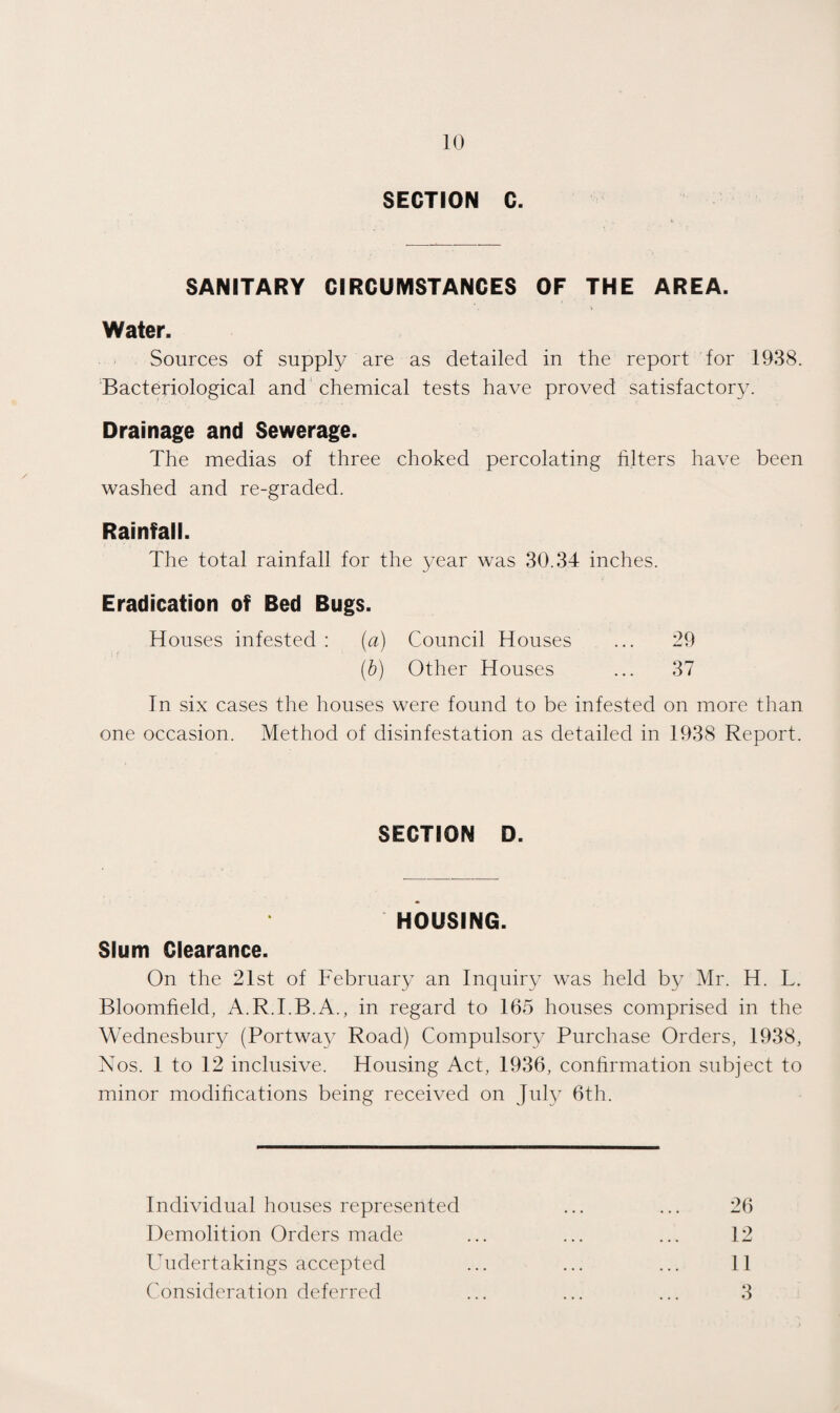 SECTION C. SANITARY CIRCUMSTANCES OF THE AREA. Water. Sources of supply are as detailed in the report for 1938. Bacteriological and chemical tests have proved satisfactory. Drainage and Sewerage. The medias of three choked percolating filters have been washed and re-graded. Rainfall. The total rainfall for the year was 30.34 inches. Eradication of Bed Bugs. Houses infested : (a) Council Houses ... 29 (b) Other Houses ... 37 In six cases the houses were found to be infested on more than one occasion. Method of disinfestation as detailed in 1938 Report. SECTION D. HOUSING. Slum Clearance. On the 21st of February an Inquiry was held by Mr. H. L. Bloomfield, A.R.I.B.A., in regard to 165 houses comprised in the Wednesbury (Portway Road) Compulsory Purchase Orders, 1938, Nos. 1 to 12 inclusive. Housing Act, 1936, confirmation subject to minor modifications being received on July 6th. Individual houses represented Demolition Orders made Undertakings accepted Consideration deferred 26 12 11 3