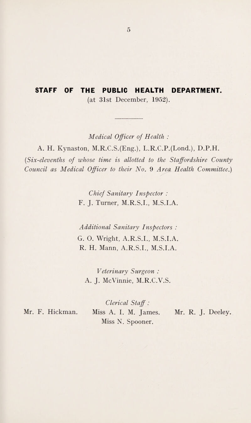 STAFF OF THE PUBLIC HEALTH DEPARTMENT. (at 31st December, 1952). Medical Officer of Health : A. H. Kynaston, M.R.C.S.(Eng.), L.R.C.P.(LoncL), D.P.H. (.Six-elevenths of whose time is allotted to the Staffordshire County Council as Medical Officer to their No. 9 Area Health Committee.) Chief Sanitary Inspector : F. J. Turner, M.R.S.I., M.S.I.A. Additional Sanitary Inspectors : G. O. Wright, A.R.S.I., M.S.I.A. R. H. Mann, A.R.S.I., M.S.I.A. Veterinary Surgeon : A. J. McVinnie, M.R.C.V.S. Clerical Staff: Mr. F. Hickman. Miss A. I. M. James. Mr. R. J. Deeley. Miss N. Spooner.