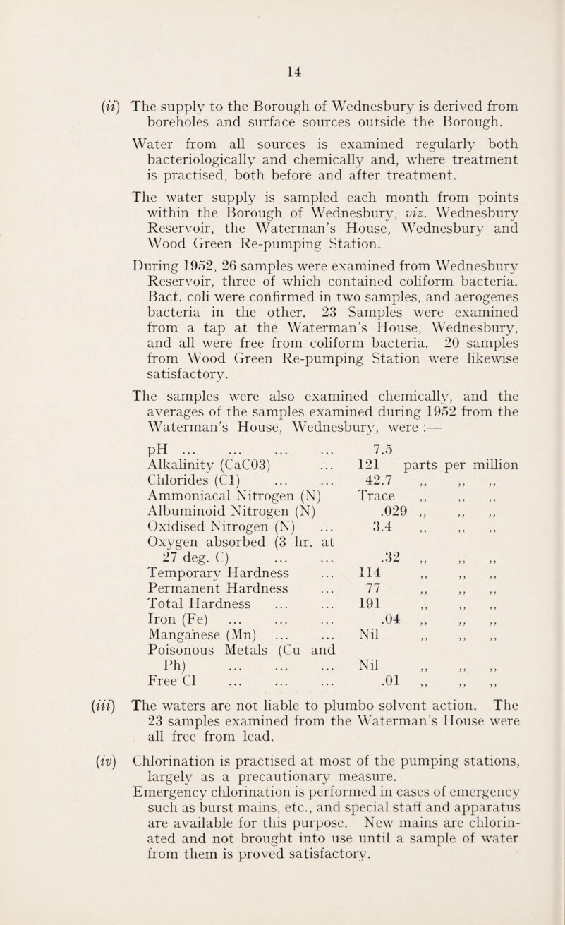 (it) The supply to the Borough of Wednesbury is derived from boreholes and surface sources outside the Borough. Water from all sources is examined regularly both bacteriologically and chemically and, where treatment is practised, both before and after treatment. The water supply is sampled each month from points within the Borough of Wednesbury, viz. Wednesbury Reservoir, the Waterman's House, Wednesbury and Wood Green Re-pumping Station. During 1952, 26 samples were examined from Wednesbury Reservoir, three of which contained coliform bacteria. Bact. coli were confirmed in two samples, and aerogenes bacteria in the other. 23 Samples were examined from a tap at the Waterman’s House, Wednesbury, and all were free from coliform bacteria. 20 samples from Wood Green Re-pumping Station were likewise satisfactory. The samples were also examined chemically, and the averages of the samples examined during 1952 from the Waterman’s House, Wednesbury, were :— pH. Alkalinity (CaC03) Chlorides (Cl) Ammoniacal Nitrogen (N) Albuminoid Nitrogen (N) Oxidised Nitrogen (N) Oxygen absorbed (3 hr. at 27 deg. C) . Temporary Hardness Permanent Hardness Total Hardness Iron (Fe) Manganese (Mn) Poisonous Metals (Cu and Ph) . Free Cl (in) The waters are not liable to plumbo solvent action. The 23 samples examined from the Waterman's House were all free from lead. (iv) Chlorination is practised at most of the pumping stations, largely as a precautionary measure. Emergency chlorination is performed in cases of emergency such as burst mains, etc., and special staff and apparatus are available for this purpose. New mains are chlorin¬ ated and not brought into use until a sample of water from them is proved satisfactory. 7.5 121 parts per million 42 7 w • * y y y y y y Trace .029 „ „ „ 3 4 ^ y y y y y y .32 114 77 191 Nil .04 y y y y Nil .01 y y y y y y y y