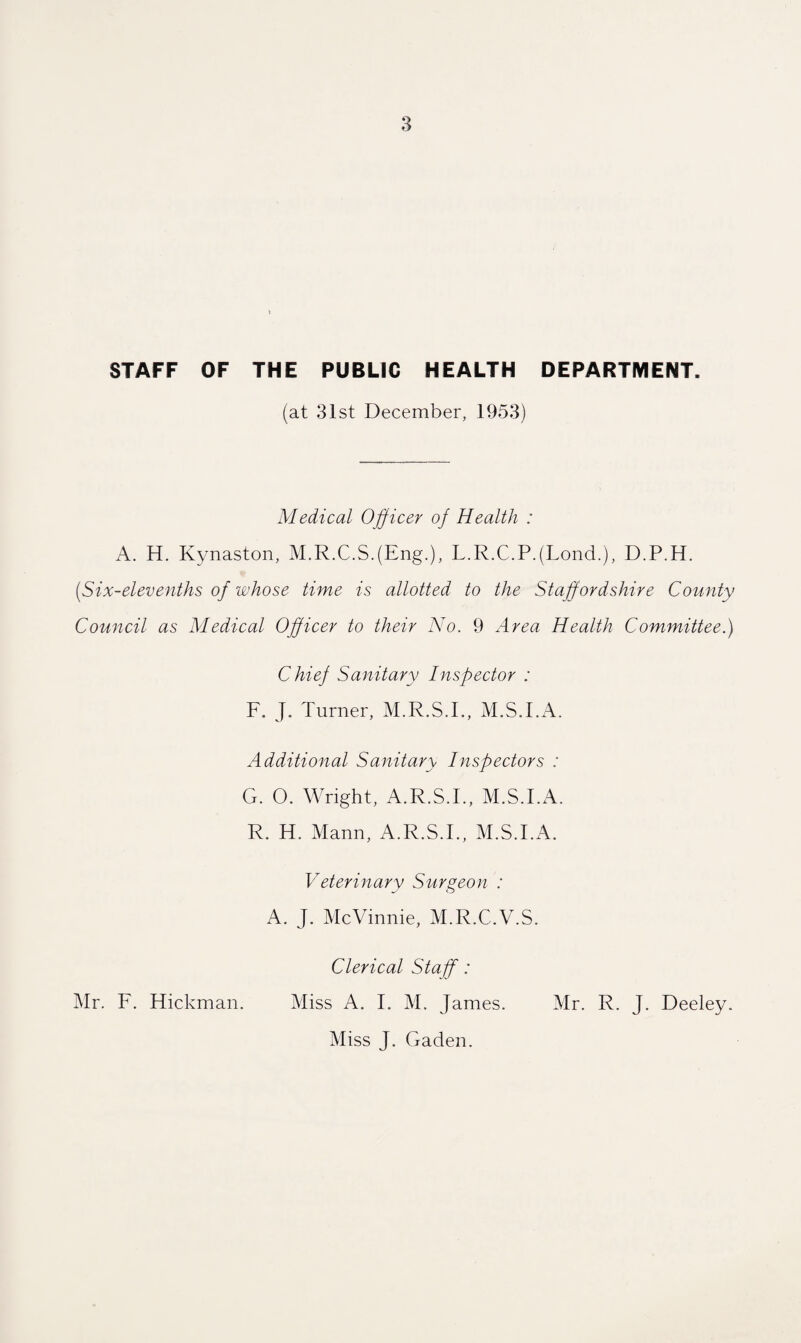 STAFF OF THE PUBLIC HEALTH DEPARTMENT. (at 31st December, 1953) Medical Officer of Health : A. H. Kynaston, M.R.C.SJEng.), L.R.C.P.(LoncL), D.P.H. [Six-elevenths of whose time is allotted to the Staffordshire County Council as Medical Officer to their No. 9 Area Health Committee.) Chief Sanitary Inspector : F. J. Turner, M.R.S.I., M.S.I.A. Additional Sanitary Inspectors : G. O. Wright, A.R.S.I., M.S.I.A. R. H. Mann, A.R.S.I., M.S.I.A. Veterinary Surgeon : A. J. McVinnie, M.R.C.V.S. Clerical Staff: Mr. F. Hickman. Miss A. I. M. James. Mr. R. J. Deeley. Miss J. Gaden.