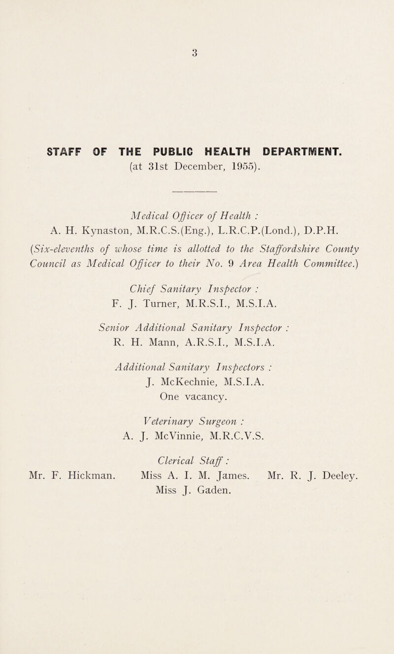 STAFF OF THE PUBLIC HEALTH DEPARTS EMT. (at 31st December, 1955). Medical Officer of Health : A. H. Kynaston, M.R.C.S.(Eng.), L.R.C.P.(LoncL), D.P.H. (Six-elevenths of whose time is allotted to the Staffordshire County Council as Medical Officer to their No. 9 Area Health Committee.) Chief Sanitary Inspector : F. J. Turner, M.R.S.I., M.S.I.A. Senior Additional Sanitary Inspector : R. H. Mann, A.R.S.I., M.S.I.A. Additional Sanitary Inspectors : J. McKechnie, M.S.I.A. One vacancy. Veterinary Surgeon : A. J. McVinnie, M.R.C.V.S. Clerical Staff: Mr. F. Hickman. Miss A. I. M. James. Mr. R. J. Deeley. Miss J. Gaden.