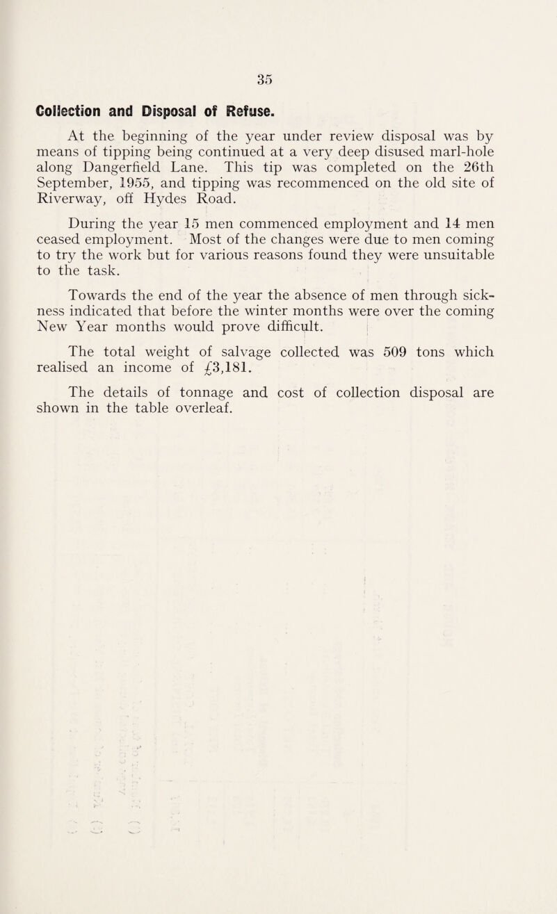 Collection and Disposal of Refuse. At the beginning of the year under review disposal was by means of tipping being continued at a very deep disused marl-hole along Dangerfield Lane. This tip was completed on the 26th September, 1955, and tipping was recommenced on the old site of Riverway, off Hydes Road. During the year 15 men commenced employment and 14 men ceased employment. Most of the changes were due to men coming to try the work but for various reasons found they were unsuitable to the task. Towards the end of the year the absence of men through sick¬ ness indicated that before the winter months were over the coming New Year months would prove difficult. The total weight of salvage collected was 509 tons which realised an income of £3,181. The details of tonnage and cost of collection disposal are shown in the table overleaf.