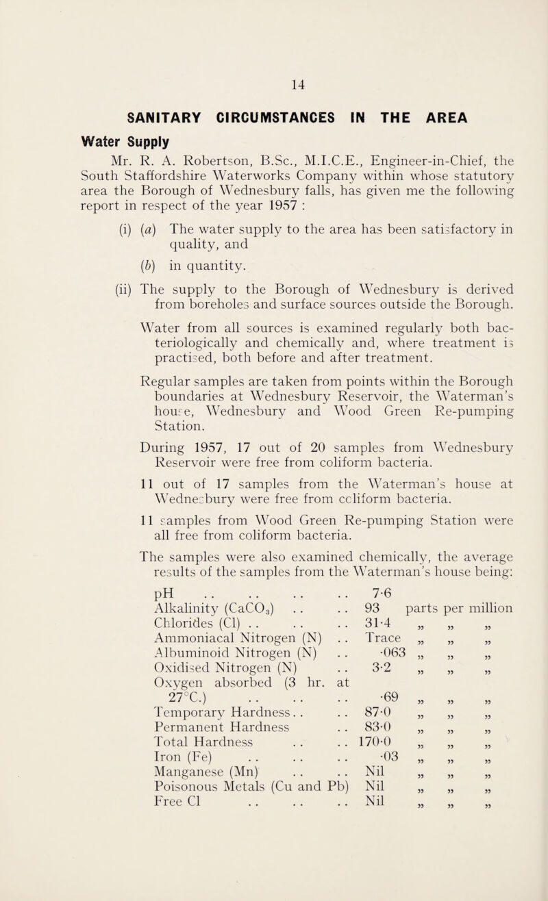 SANITARY CIRCUMSTANCES IN THE AREA Water Supply Mr. R. A. Robertson, B.Sc., M.I.C.E., Engineer-in-Chief, the South Staffordshire Waterworks Company within whose statutory area the Borough of Wednesbury falls, has given me the following report in respect of the year 1957 : (i) (a) The water supply to the area has been satisfactory in quality, and (b) in quantity. (ii) The supply to the Borough of Wednesbury is derived from boreholes and surface sources outside the Borough. Water from all sources is examined regularly both bac- teriologically and chemically and, where treatment is practised, both before and after treatment. Regular samples are taken from points within the Borough boundaries at Wednesbury Reservoir, the Waterman’s house, Wednesbury and Wood Green Re-pumping Station. During 1957, 17 out of 20 samples from Wednesbury Reservoir were free from coliform bacteria. 11 out of 17 samples from the Waterman’s house at Wednesbury were free from ccliform bacteria. 11 samples from Wood Green Re-pumping Station were all free from coliform bacteria. The samples were also examined chemically, the average results of the samples from the Waterman’s house being: pH Alkalinity (CaC03) Chlorides (Cl) Ammoniacal Nitrogen (N) Albuminoid Nitrogen (N) Oxidised Nitrogen (N) Oxygen absorbed (3 hr. at 27 °C.) . Temporary Hardness. . Permanent Hardness Total Hardness Iron (Fe) Manganese (Mn) Poisonous Metals (Cu and Pb) Free Cl 7-6 93 parts per million 31-4 55 55 Trace 55 55 •063 55 55 3-2 55 55 55 55 •69 87-0 83-0 170-0 •03 Nil Nil Nil 55 55 55 55 55 55 55