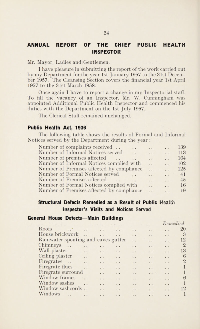 ANNUAL REPORT OF THE CHIEF PUBLIC HEALTH INSPECTOR Mr. Mayor, Ladies and Gentlemen, I have pleasure in submitting the report of the work carried out by my Department for the year 1st January 1957 to the 31st Decem¬ ber 1957. The Cleansing Section covers the financial year 1st April 1957 to the 31st March 1958. Once again I have to report a change in my Inspectorial staff. To fill the vacancy of an Inspector, Mr. W. Cunningham was appointed Additional Public Health Inspector and commenced his duties with the Department on the 1st July 1957. The Clerical Staff remained unchanged. Public Health Act, 1936 The following table shows the results of Formal and Informal Notices served by the Department during the year : Number of complaints received . . . . . . . . 139 Number of Informal Notices served .. .. .. 113 Number of premises affected . . . . . . . . 164 Number of Informal Notices complied with . . , . 102 Number of Premises affected by compliance . . . . 125 Number of Formal Notices served . . . . . . 41 Number of Premises affected . . . . . . . . 45 Number of Formal Notices complied with . . . . 16 Number of Premises affected by compliance . . . . 19 Structural Defects Remedied as a Result of Public Health Inspector’s Visits and Notices Served General House Defects—fViasn Buildings Remedied. Roofs . .* . . . . . . . . . . . . 20 House brickwork . . . . . . . . . . . . 3 Rainwater spouting and eaves gutter . . . . . . 12 Chimneys . . . . . . . . . . . . . . 2 Wall plaster . . . . . . . . . . . . 13 Ceiling plaster . . . . . . . . . . . . 6 Firegrates .. . . . . . . . . . . . . 2 Firegrate flues . . . . . . . . . . . . 1 Firegrate surround . . . . . . . . . . 1 Window frames . . . . . . . . . . . . 6 Window sashes . . . . . . . . . . . . 1 Window sashcords . . . . . . . . . . . . 12 Windows . . . . . . . . . . . . . . 1
