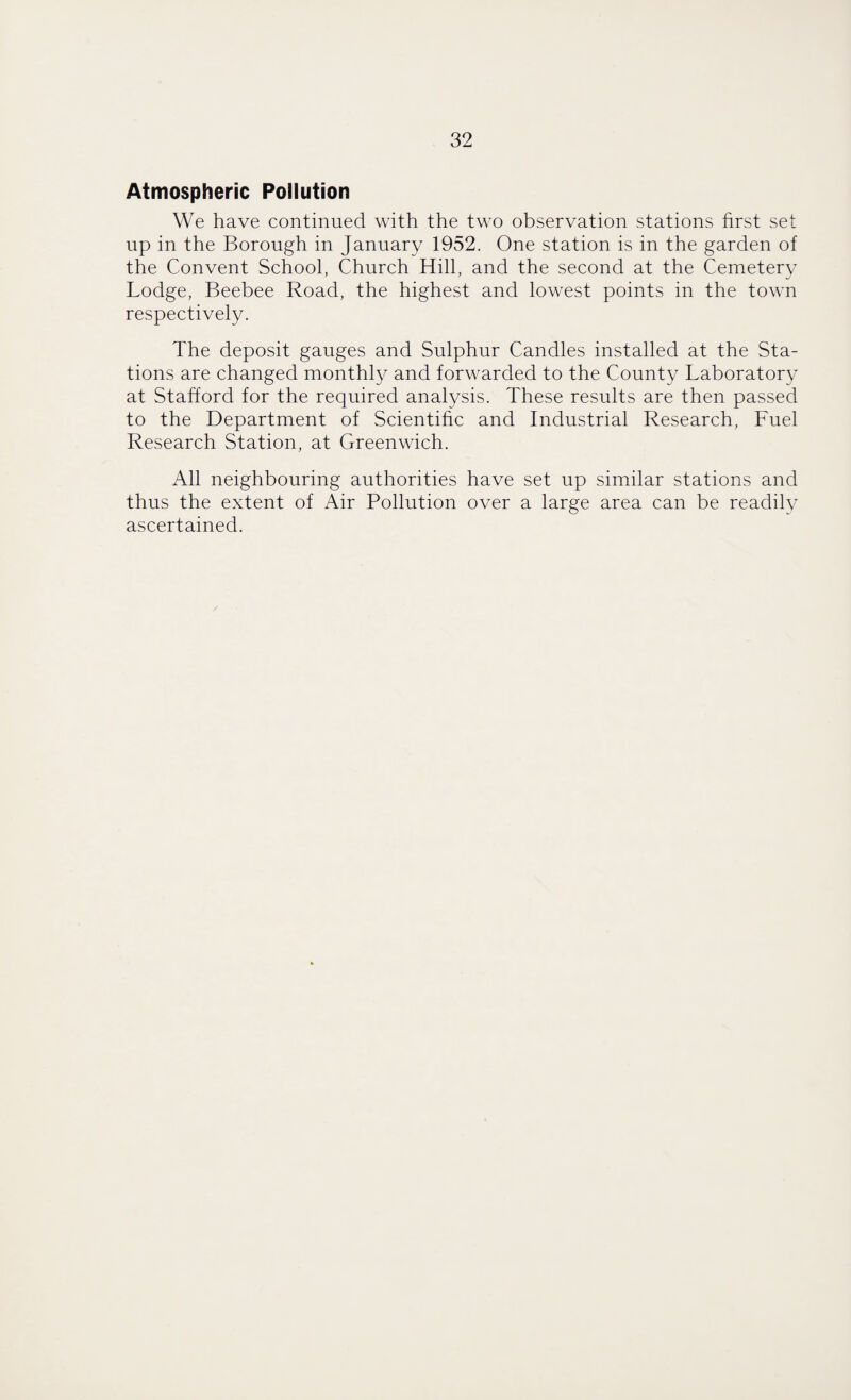 Atmospheric Pollution We have continued with the two observation stations first set up in the Borough in January 1952. One station is in the garden of the Convent School, Church Hill, and the second at the Cemetery Lodge, Beebee Road, the highest and lowest points in the town respectively. The deposit gauges and Sulphur Candles installed at the Sta¬ tions are changed monthly and forwarded to the County Laboratory at Stafford for the required analysis. These results are then passed to the Department of Scientific and Industrial Research, Fuel Research Station, at Greenwich. All neighbouring authorities have set up similar stations and thus the extent of Air Pollution over a large area can be readily ascertained.