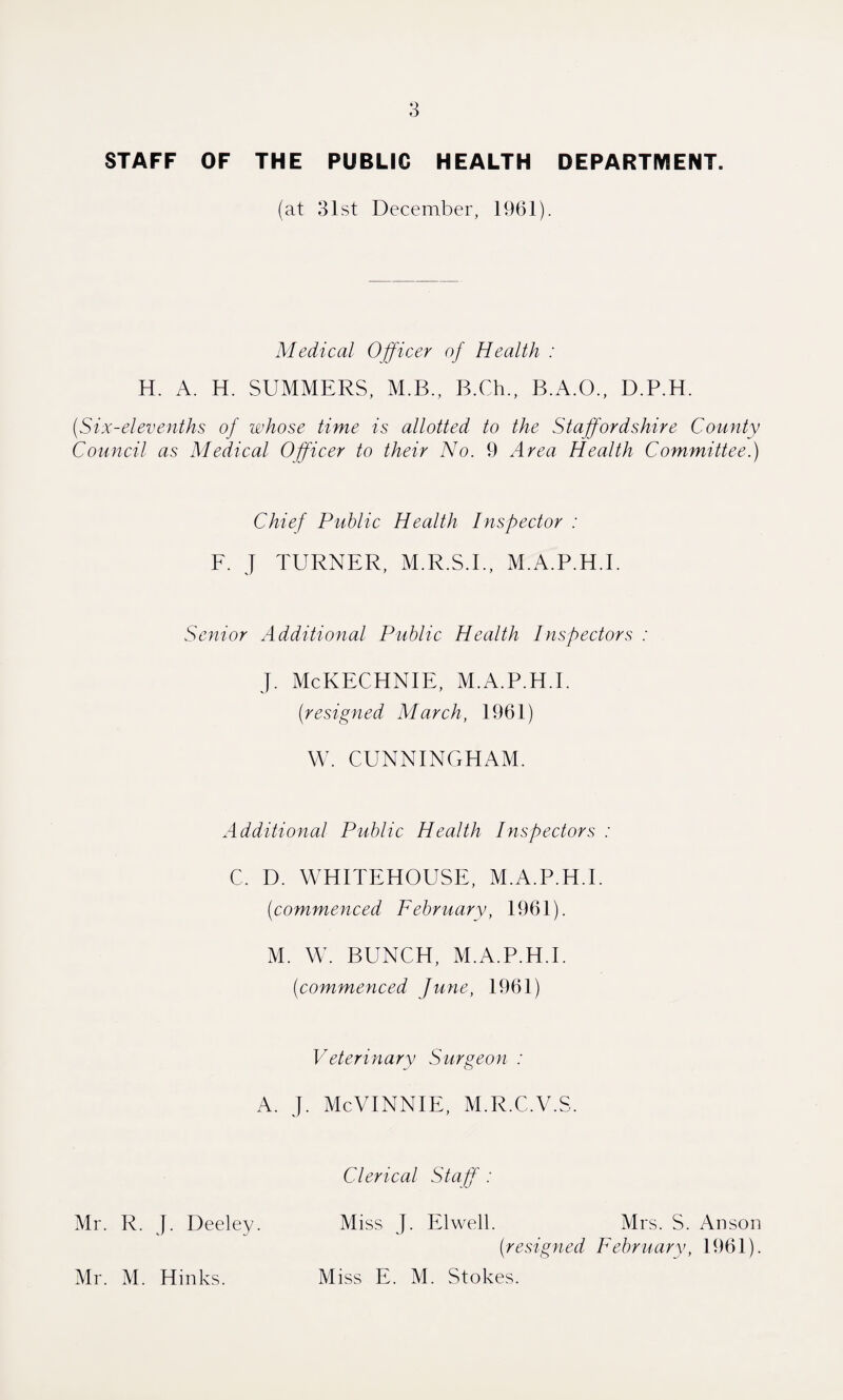 STAFF OF THE PUBLIC HEALTH DEPARTMENT. (at 31st December, 1961). Medical Officer of Health : H. A. H. SUMMERS, M.B., B.Ch., B.A.O., D.P.H. (Six-elevenths of whose time is allotted to the Staffordshire County Council as Medical Officer to their No. 9 Area Health Committee.) Chief Public Health Inspector : F. J TURNER, M.R.S.I., M.A.P.H.I. Senior Additional Public Health Inspectors : J. McKECHNIE, M.A.P.H.I. (resigned March, 1961) W. CUNNINGHAM. Additional Public Health Inspectors : C. D. WHITEHOUSE, M.A.P.H.I. (commenced February, 1961). M. W. BUNCH, M.A.P.H.I. (commenced June, 1961) Veterinary Surgeon : A. J. McVINNIE, M.R.C.V.S. Mr. R. J. Deeley. Mr. M. Hints. Clerical Staff : Miss J. Elwell. Mrs. S. Anson (resigned February, 1961). Miss E. M. Stokes.