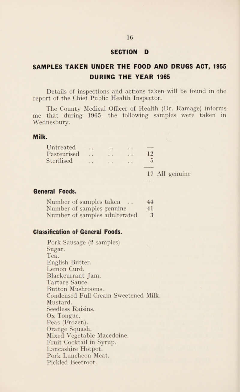 SECTION D SAMPLES TAKEN UNDER THE FOOD AND DRUGS ACT, 1955 DURING THE YEAR 1965 Details of inspections and actions taken will be found in the report of the Chief Public Health Inspector. The County Medical Officer of Health (Dr. Ramage) informs me that during 1965, the following samples were taken in Wednesbury. Milk. Untreated . . . . . . — Pasteurised . . . . . . 12 Sterilised . . . . . . 5 17 All genuine General Feeds. Number of samples taken . . 44 Number of samples genuine 41 Number of samples adulterated 3 Classification of General Foods. Pork Sausage (2 samples). Sugar. Tea. English Butter. Lemon Curd. Blackcurrant Jam. Tartare Sauce. Button Mushrooms. Condensed Full Cream Sweetened Milk. Mustard. Seedless Raisins. Ox Tongue. Peas (Frozen). Orange Squash. Mixed Vegetable Macedoine. Fruit Cocktail in Syrup. Lancashire Hotpot. Pork Luncheon Meat. Pickled Beetroot.