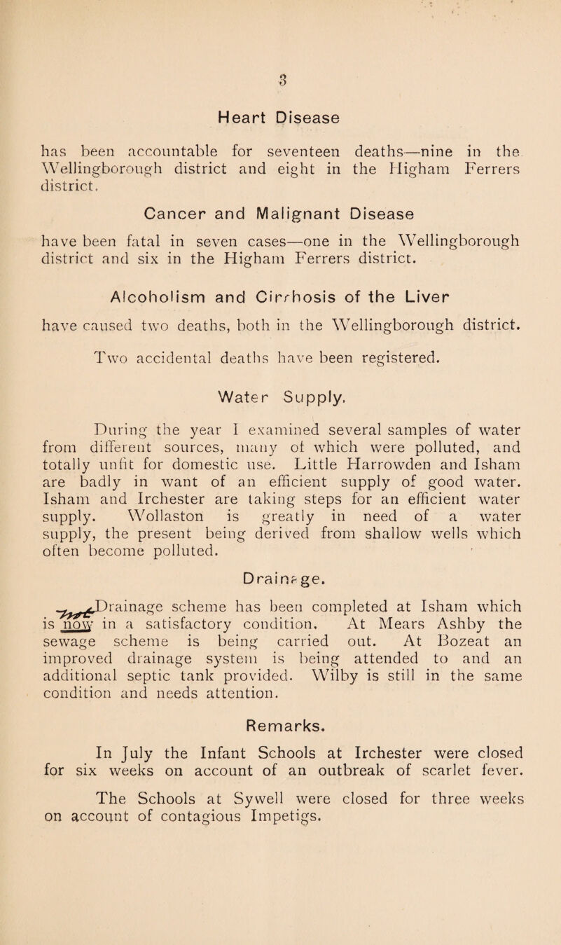 Heart Disease has been accountable for seventeen deaths—nine in the Wellingborough district and eight in the Higham Ferrers district. Cancer and Malignant Disease have been fatal in seven cases—one in the Wellingborough district and six in the Higham Ferrers district. Alcoholism and Cirrhosis of the Liver have caused two deaths, both in the Wellingborough district. Two accidental deaths have been registered. Water Supply. During the year 1 examined several samples of water from different sources, many ot which were polluted, and totally unfit for domestic use. Little Harrowden and Isham are badly in want of an efficient supply of good water. Isham and Irchester are taking steps for an efficient water supply. Wollaston is greatly in need of a water supply, the present being derived from shallow wells which often become polluted. Drain a ge. rainage scheme has been completed at Isham which is now in a satisfactory condition. At Mears Ashby the sewage scheme is being carried out. At Bozeat an improved drainage system is being attended to and an additional septic tank provided. Wilby is still in the same condition and needs attention. Remarks. In July the Infant Schools at Irchester were closed for six weeks on account of an outbreak of scarlet fever. The Schools at Sywell were closed for three weeks on account of contagious Impetigs.