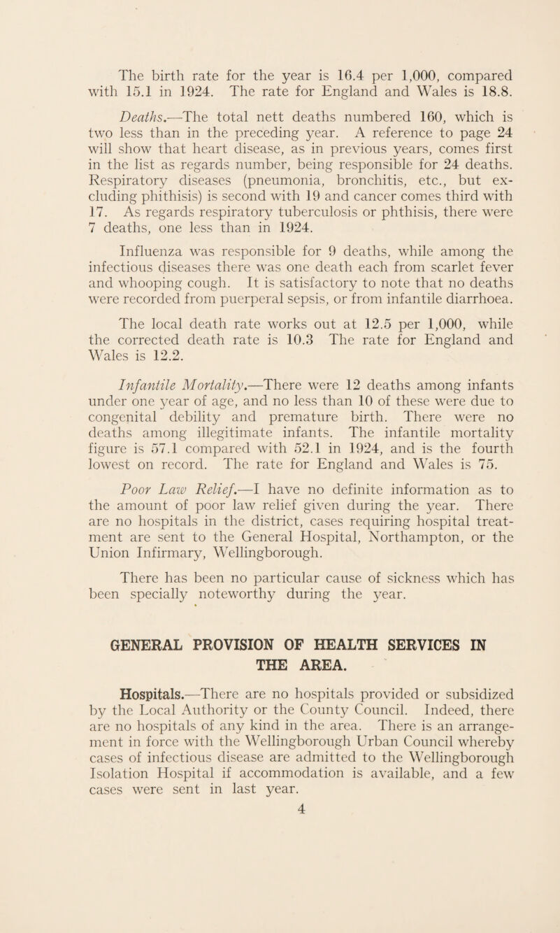 The birth rate for the year is 16.4 per 1,000, compared with 15.1 in 1924. The rate for England and Wales is 18.8. Deaths,—The total nett deaths numbered 160, which is two less than in the preceding year. A reference to page 24 will show that heart disease, as in previous years, comes first in the list as regards number, being responsible for 24 deaths. Respiratory diseases (pneumonia, bronchitis, etc., but ex¬ cluding phithisis) is second with 19 and cancer comes third with 17. As regards respiratory tuberculosis or phthisis, there were 7 deaths, one less than in 1924. Influenza was responsible for 9 deaths, while among the infectious diseases there was one death each from scarlet fever and whooping cough. It is satisfactory to note that no deaths were recorded from puerperal sepsis, or from infantile diarrhoea. The local death rate works out at 12.5 per 1,000, while the corrected death rate is 10.3 The rate for England and Wales is 12.2. Infantile Mortality.—There were 12 deaths among infants under one year of age, and no less than 10 of these were due to congenital debility and premature birth. There were no deaths among illegitimate infants. The infantile mortality figure is 57.1 compared with 52.1 in 1924, and is the fourth lowest on record. The rate for England and Wales is 75. Poor Law Relief.—I have no definite information as to the amount of poor law relief given during the year. There are no hospitals in the district, cases requiring hospital treat¬ ment are sent to the General Hospital, Northampton, or the Union Infirmary, Wellingborough. There has been no particular cause of sickness which has been specially noteworthy during the year. GENERAL PROVISION OF HEALTH SERVICES IN THE AREA. Hospitals.—There are no hospitals provided or subsidized by the Local Authority or the County Council. Indeed, there are no hospitals of any kind in the area. There is an arrange¬ ment in force with the Wellingborough Urban Council whereby cases of infectious disease are admitted to the Wellingborough Isolation Hospital if accommodation is available, and a few cases were sent in last year.