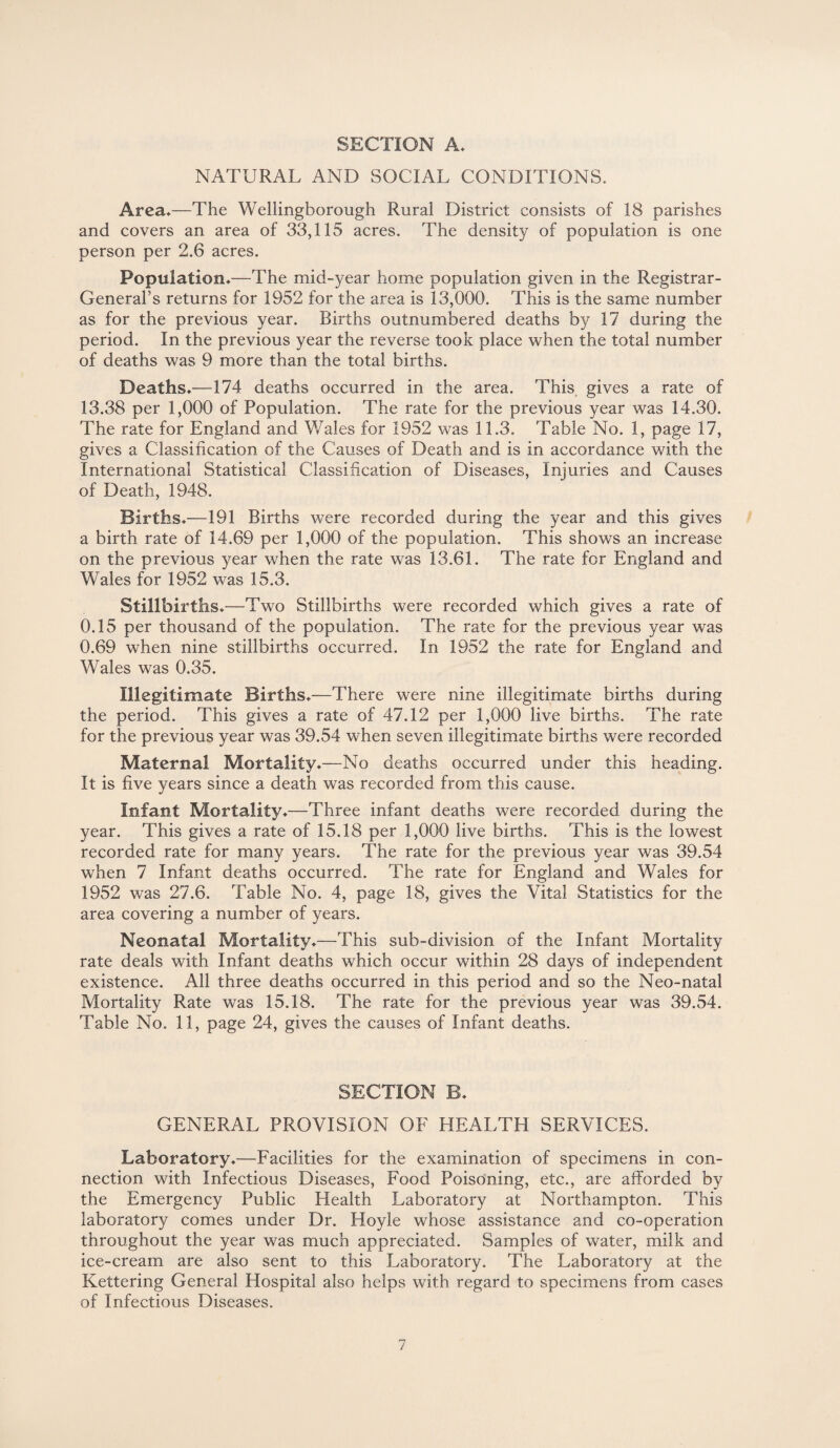 SECTION A. NATURAL AND SOCIAL CONDITIONS. Area*—The Wellingborough Rural District consists of 13 parishes and covers an area of 33,115 acres. The density of population is one person per 2.6 acres. Population*—The mid-year home population given in the Registrar- General’s returns for 1952 for the area is 13,000. This is the same number as for the previous year. Births outnumbered deaths by 17 during the period. In the previous year the reverse took place when the total number of deaths was 9 more than the total births. Deaths*—174 deaths occurred in the area. This gives a rate of 13.38 per 1,000 of Population. The rate for the previous year was 14.30. The rate for England and Wales for 1952 was 11.3. Table No. 1, page 17, gives a Classification of the Causes of Death and is in accordance with the International Statistical Classification of Diseases, Injuries and Causes of Death, 1948. Births*—191 Births were recorded during the year and this gives a birth rate of 14.69 per 1,000 of the population. This shows an increase on the previous year when the rate was 13.61. The rate for England and Wales for 1952 was 15.3. Stillbirths*—Two Stillbirths were recorded which gives a rate of 0.15 per thousand of the population. The rate for the previous year was 0.69 when nine stillbirths occurred. In 1952 the rate for England and Wales was 0.35. Illegitimate Births*—There were nine illegitimate births during the period. This gives a rate of 47.12 per 1,000 live births. The rate for the previous year was 39.54 when seven illegitimate births were recorded Maternal Mortality*—No deaths occurred under this heading. It is five years since a death was recorded from this cause. Infant Mortality*—Three infant deaths were recorded during the year. This gives a rate of 15.18 per 1,000 live births. This is the lowest recorded rate for many years. The rate for the previous year was 39.54 when 7 Infant deaths occurred. The rate for England and Wales for 1952 was 27.6. Table No. 4, page 18, gives the Vital Statistics for the area covering a number of years. Neonatal Mortality*—This sub-division of the Infant Mortality rate deals with Infant deaths which occur within 28 days of independent existence. All three deaths occurred in this period and so the Neo-natal Mortality Rate was 15.18. The rate for the previous year was 39.54. Table No. 11, page 24, gives the causes of Infant deaths. SECTION B* GENERAL PROVISION OF HEALTH SERVICES. Laboratory*—Facilities for the examination of specimens in con¬ nection with Infectious Diseases, Food Poisoning, etc., are afforded by the Emergency Public Health Laboratory at Northampton. This laboratory comes under Dr. Hoyle whose assistance and co-operation throughout the year was much appreciated. Samples of water, milk and ice-cream are also sent to this Laboratory. The Laboratory at the Kettering General Hospital also helps with regard to specimens from cases of Infectious Diseases.