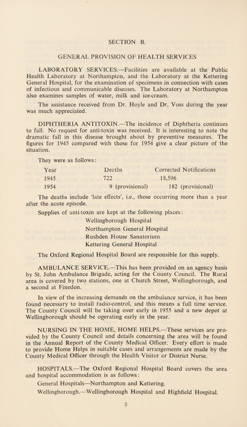 GENERAL PROVISION OF HEALTH SERVICES LABORATORY SERVICES.—Facilities are available at the Public Health Laboratory at Northampton, and the Laboratory at the Kettering General Hospital, for the examination of specimens in connection with cases of infectious and communicable diseases. The Laboratory at Northampton also examines samples of water, milk and ice-cream. The assistance received from Dr. Hoyle and Dr. Voss during the year was much appreciated. DIPHTHERIA ANTITOXIN.—The incidence of Diphtheria continues to fall. No request for anti-toxin was received. It is interesting to note the dramatic fall in this disease brought about by preventive measures. The figures for 1945 compared with those for 1954 give a clear picture of the situation. They were as follows: Year Deaths Corrected Notifications 1945 722 13,596 1954 9 (provisional) 182 (provisional) The deaths include ‘late effects’, i.e., those occurring more than a year after the acute episode. Supplies of anti-toxin are kept at the following places: Wellingborough Hospital Northampton General Hospital Rushden House Sanatorium Kettering General Hospital The Oxford Regional Hospital Board are responsible for this supply. AMBULANCE SERVICE.—This has been provided on an agency basis by St. John Ambulance Brigade, acting for the County Council. The Rural area is covered by two stations, one at Church Street, Wellingborough, and a second at Finedon. In view of the increasing demands on the ambulance service, it has been found necessary to install radio-control, and this means a full time service. The County Council will be taking over early in 1955 and a new depot at Wellingborough should be operating early in the year. NURSING IN THE HOME, HOME HELPS.—These services are pro¬ vided by the County Council and details concerning the area will be found in the Annual Report of the County Medical Officer. Every effort is made to provide Home Helps in suitable cases and arrangements are made by the County Medical Officer through the Health Visitor or District Nurse. HOSPITALS.—The Oxford Regional Hospital Board covers the area and hospital accommodation is as follows: General Hospitals—Northampton and Kettering. Wellingborough.—Wellingborough Hospital and Highfield Hospital.