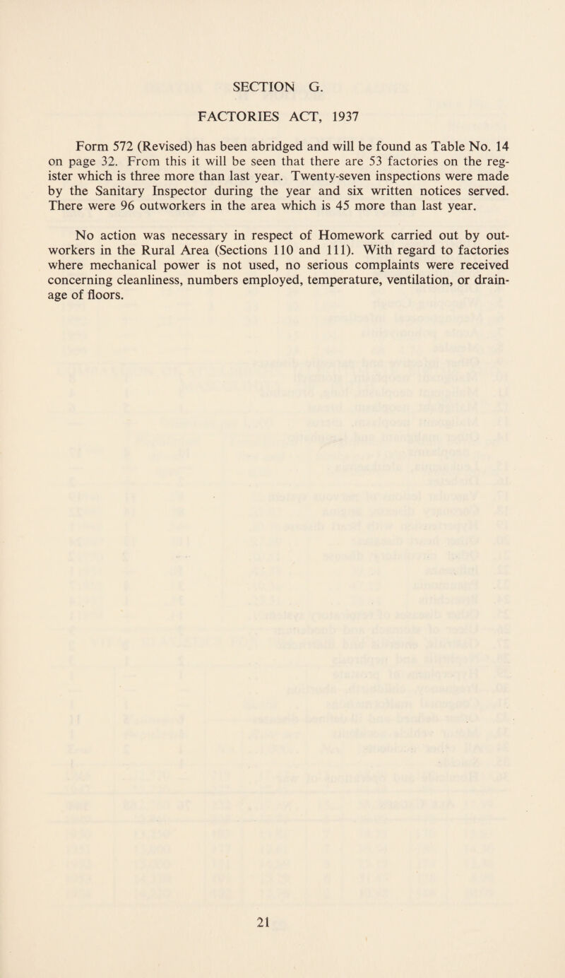 FACTORIES ACT, 1937 Form 572 (Revised) has been abridged and will be found as Table No. 14 on page 32. From this it will be seen that there are 53 factories on the reg¬ ister which is three more than last year. Twenty-seven inspections were made by the Sanitary Inspector during the year and six written notices served. There were 96 outworkers in the area which is 45 more than last year. No action was necessary in respect of Homework carried out by out¬ workers in the Rural Area (Sections 110 and 111). With regard to factories where mechanical power is not used, no serious complaints were received concerning cleanliness, numbers employed, temperature, ventilation, or drain¬ age of floors.