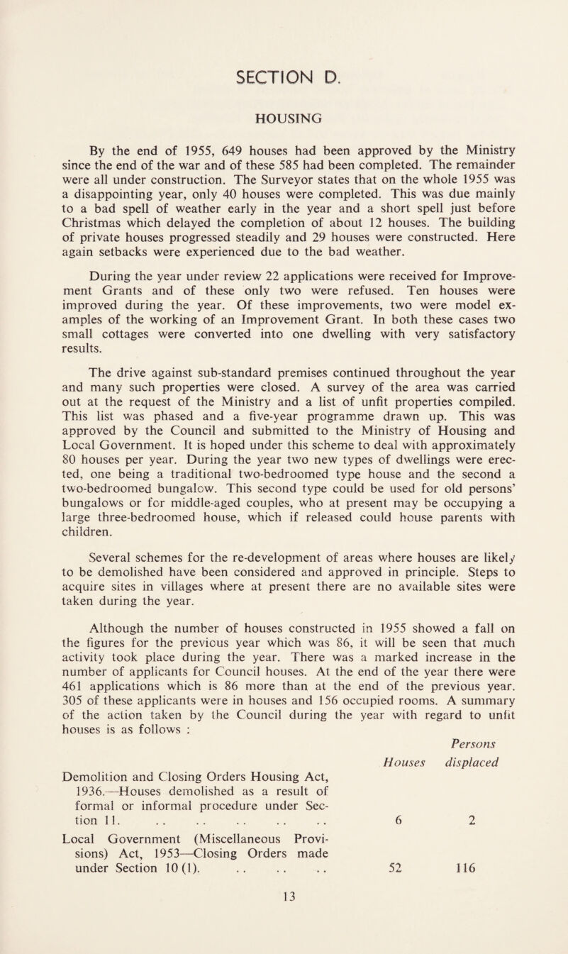 HOUSING By the end of 1955, 649 houses had been approved by the Ministry since the end of the war and of these 585 had been completed. The remainder were all under construction. The Surveyor states that on the whole 1955 was a disappointing year, only 40 houses were completed. This was due mainly to a bad spell of weather early in the year and a short spell just before Christmas which delayed the completion of about 12 houses. The building of private houses progressed steadily and 29 houses were constructed. Here again setbacks were experienced due to the bad weather. During the year under review 22 applications were received for Improve¬ ment Grants and of these only two were refused. Ten houses were improved during the year. Of these improvements, two were model ex¬ amples of the working of an Improvement Grant. In both these cases two small cottages were converted into one dwelling with very satisfactory results. The drive against sub-standard premises continued throughout the year and many such properties were closed. A survey of the area was carried out at the request of the Ministry and a list of unfit properties compiled. This list was phased and a five-year programme drawn up. This was approved by the Council and submitted to the Ministry of Housing and Local Government. It is hoped under this scheme to deal with approximately 80 houses per year. During the year two new types of dwellings were erec¬ ted, one being a traditional two-bedroomed type house and the second a two-bedroomed bungalow. This second type could be used for old persons’ bungalows or for middle-aged couples, who at present may be occupying a large three-bedroomed house, which if released could house parents with children. Several schemes for the re-development of areas where houses are likely to be demolished have been considered and approved in principle. Steps to acquire sites in villages where at present there are no available sites were taken during the year. Although the number of houses constructed in 1955 showed a fall on the figures for the previous year which was 86, it will be seen that much activity took place during the year. There was a marked increase in the number of applicants for Council houses. At the end of the year there were 461 applications which is 86 more than at the end of the previous year. 305 of these applicants were in houses and 156 occupied rooms. A summary of the action taken by the Council during the year with regard to unlit houses is as follows : Persons Houses displaced Demolition and Closing Orders Housing Act, 1936.—Houses demolished as a result of formal or informal procedure under Sec¬ tion 11. . . .. . . . . . . 6 2 Local Government (Miscellaneous Provi¬ sions) Act, 1953—Closing Orders made under Section 10(1). .. .. .. 52 116