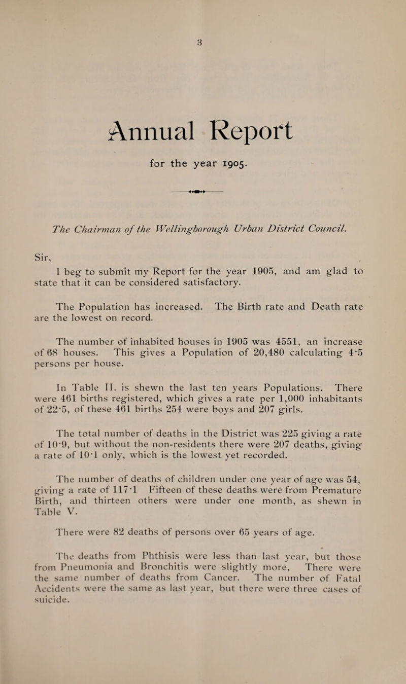 Annual Report i for the year 1905. The Chairman of the Wellingborough Urban District Council. Sir, I beg to submit my Report for the year 1905, and am glad to state that it can be considered satisfactory. The Population has increased. The Birth rate and Death rate are the lowest on record. The number of inhabited houses in 1905 was 4551, an increase of 08 houses. This gives a Population of 20,480 calculating 4*5 persons per house. In Table II. is shewn the last ten years Populations. There were 401 births registered, which gives a rate per 1,000 inhabitants of 22*5, of these 401 births 254 were boys and 207 girls. The total number of deaths in the District was 225 giving* a rate of 10*9, but without the non-residents there were 207 deaths, giving a rate of 10*1 only, which is the lowest yet recorded. The number of deaths of children under one year of age was 54, giving a rate of 117*1 Fifteen of these deaths were from Premature Birth, and thirteen others were under one month, as shewn in Table V. There were 82 deaths of persons over 05 years of age. The deaths from Phthisis were less than last year, but those from Pneumonia and Bronchitis were slightly more, There were the same number of deaths from Cancer. The number of Fatal Accidents were the same as last year, but there were three cases of suicide.