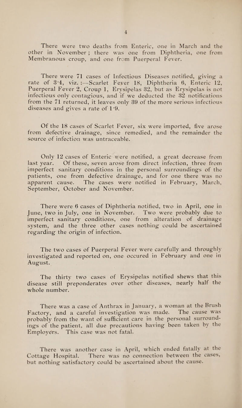 There were two deaths from Enteric, one in March and the other in November ; there was one from Diphtheria, one from Membranous croup, and one from Puerperal Fever. There were 71 cases of Infectious Diseases notified, giving a rate of 3*4, viz. :—Scarlet Fever 18, Diphtheria 6, Enteric 12, Puerperal Fever 2, Croup 1, Erysipelas 32, but as Erysipelas is not infectious only contagious, and if we deducted the 32 notifications from the 71 returned, it leaves only 39 of the more serious infectious diseases and gives a rate of 1 '9. Of the 18 cases of Scarlet Fever, six were imported, five arose from defective drainage, since remedied, and the remainder the source of infection was untraceable. Only 12 cases of Enteric were notified, a great decrease from last year. Of these, seven arose from direct infection, three from imperfect sanitary conditions in the personal surroundings of the patients, one from defective drainage, and for one there was no apparent cause. The cases were notified in February, March, September, October and November. There were fi cases of Diphtheria notified, two in April, one in June, two in July, one in November. Two were probably due to imperfect sanitary conditions, one from alteration of drainage system, and the three other cases nothing could be ascertained regarding the origin of infection. The two cases of Puerperal Fever were carefully and throughly investigated and reported on, one occured in February and one in August. The thirty two cases of Erysipelas notified shews that this disease still preponderates over other diseases, nearly half the whole number. There was a case of Anthrax in January, a woman at the Brush Factory, and a careful investigation was made. The cause was probably from the want of sufficient care in the personal surround¬ ings of the patient, all due precautions having been taken by the Employers. This case was not fatal. There was another case in April, which ended fatally at the Cottage Hospital. There was no connection between the cases, but nothing satisfactory could be ascertained about the cause.