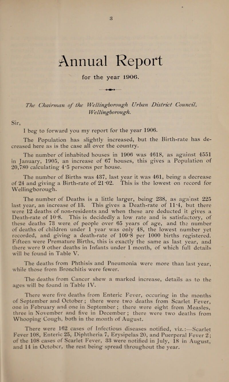 Annual Report for the year 1906. The Chairman of the Wellingborough Urban District Council, Wellingborough. Sir, I beg to forward you my report for the year 1906. The Population has slightly increased, but the Birth-rate has de¬ creased here as is the case all over the country. The number of inhabited houses in 1906 was 4618, as against 4551 in January, 1905, an increase of 67 houses, this gives a Population of 20,780 calculating 4*5 persons per house. The number of Births was 437, last year it was 461, being a decrease of 24 and giving a Birth-rate of 21-02. This is the lowest on record for Wellingborough. The number of Deaths is a little larger, being 238, as aga'nst 225 last year, an increase of 13. This gives a Death-rate of 11*4, but there were 12 deaths of non-residents and when these are deducted it gives a Death-rate of 10‘8. This is decidedly a low rate and is satisfactory, of these deaths 73 were of people over 65 years of age, and the number of deaths of children under 1 year was only 48, the lowest number yet recorded, and giving a death-rate of 109‘8 per 1000 births registered. Fifteen were Premature Births, this is exactly the same as last year, and there were 9 other deaths in Infants under 1 month, of which full details will be found in Table V. The deaths from Phthisis and Pneumonia were more than last year, while those from Bronchitis were fewer. The deaths from Cancer shew a marked increase, details as to the ages will be found in Table IV. There were five deaths from Enteric Fever, occuring in the months of September and October ; there were two deaths from Scarlet Fever, one in February and one in September ; there were eight from Measles, three in November and five in December ; there were two deaths from Whooping Cough, both in the month of August. There were 162 cases of Infectious diseases notified, viz.:—Scarlet Fever 108, Enteric 25, Diphtheria 7, Erysipelas 20, and Puerperal Fever 2; of the 108 cases of Scarlet Fever, 33 were notified in July, 18 in August, and 14 in October, the rest being spread throughout the year.