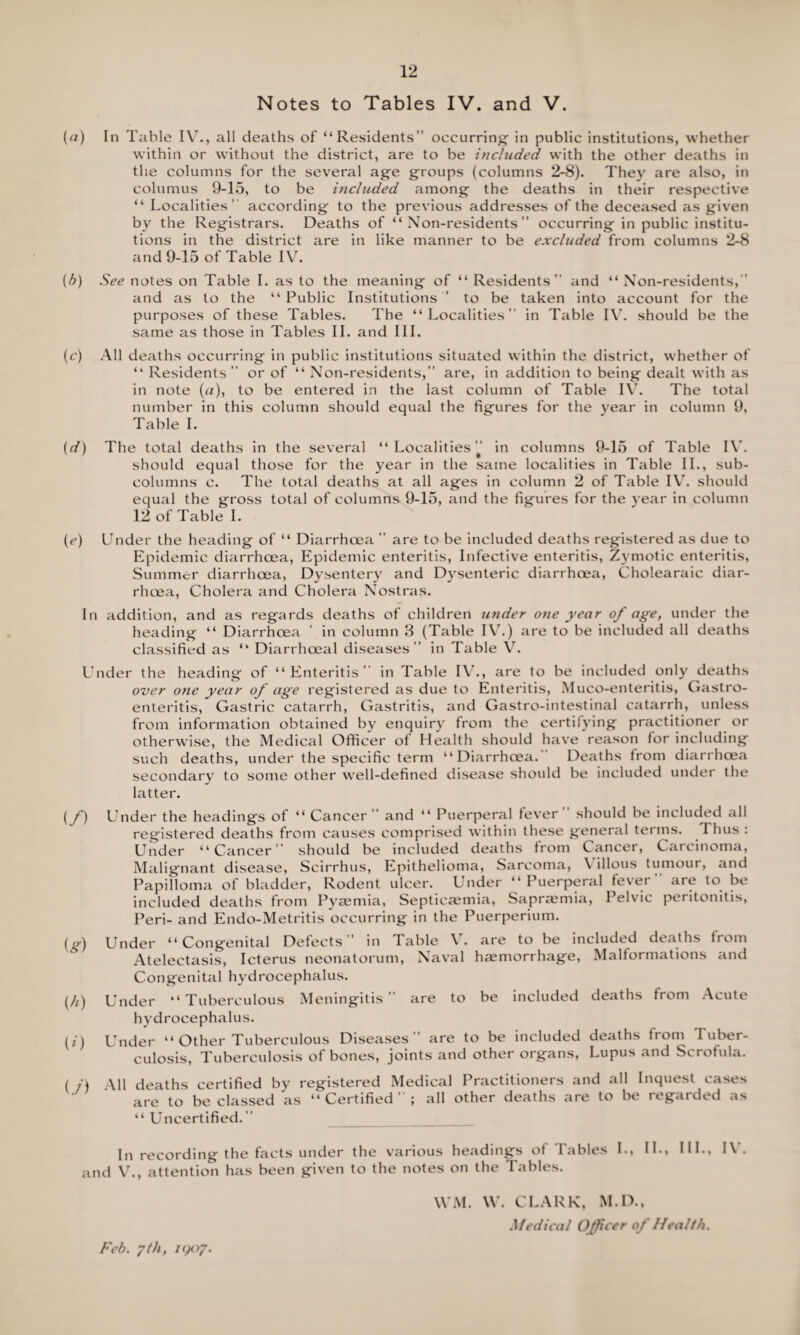 Notes to Tables IV. and V. (a) In Table IV., all deaths of “Residents” occurring- in public institutions, whether within or without the district, are to be included with the other deaths in the columns for the several age groups (columns 2-8). They are also, in columus 9-15, to be included among the deaths in their respective “ Localities’ according to the previous addresses of the deceased as given by the Registrars. Deaths of “Non-residents” occurring in public institu¬ tions in the district are in like manner to be excluded from columns 2-8 and 9-15 of Table IV. (b) See notes on Table I. as to the meaning of “ Residents” and “ Non-residents,” and as to the “ Public Institutions ’ to be taken into account for the purposes of these Tables. The “Localities” in Table IV. should be the same as those in Tables II. and III. (c) All deaths occurring in public institutions situated within the district, whether of “ Residents” or of “ Non-residents,” are, in addition to being dealt with as in note (a), to be entered in the last column of Table IV. The total number in this column should equal the figures for the year in column 9, Table I. (d) The total deaths in the several “Localities” in columns 9-15 of Table IV. should equal those for the year in the same localities in Table II., sub¬ columns c. The total deaths at all ages in column 2 of Table IV. should equal the gross total of columns 9-15, and the figures for the year in column 12 of Table I. (e) Under the heading of “ Diarrhoea ” are to be included deaths registered as due to Epidemic diarrhoea, Epidemic enteritis, Infective enteritis, Zymotic enteritis, Summer diarrhoea, Dysentery and Dysenteric diarrhoea, Cholearaic diar¬ rhoea, Cholera and Cholera Nostras. In addition, and as regards deaths of children under one year of age, under the heading “ Diarrhoea ' in column 3 (Table IV.) are to be included all deaths classified as “ Diarrhoeal diseases ” in Table V. Lnder the heading of “Enteritis” in Table IV., are to be included only deaths over one year of age registered as due to Enteritis, Muco-enteritis, Gastro¬ enteritis, Gastric catarrh, Gastritis, and Gastro-intestinal catarrh, unless from information obtained by enquiry from the certifying practitioner or otherwise, the Medical Officer of Health should have reason for including such deaths, under the specific term “Diarrhoea.' Deaths from diarrhoea secondary to some other well-defined disease should be included under the latter. (f) Under the headings of “ Cancer and “ Puerperal fever should be included all registered deaths from causes comprised within these general terms. I hus : Under “Cancer should be included deaths from Cancer, Carcinoma, Malignant disease, Scirrhus, Epithelioma, Sarcoma, \ illous tumour, and Papilloma of bladder, Rodent ulcer. Under “Puerperal fever” are to be included deaths from Pyaemia, Septicaemia, Sapr^mia, Pelvic peritonitis, Peri- and Endo-Metritis occurring in the Puerperium. (g) Under “Congenital Defects” in Table V. are to be included deaths from Atelectasis, Icterus neonatorum, Naval haemorrhage, Malformations and Congenital hydrocephalus. (h) Under “Tuberculous Meningitis” are to be included deaths from Acute hydrocephalus. i,*) Under “ Other Tuberculous Diseases” are to be included deaths from Tuber¬ culosis, Tuberculosis of bones, joints and other organs, Lupus and Scrofula. ( /) All deaths certified by registered Medical Practitioners and all Inquest cases are to be classed as “Certified”; all other deaths are to be regarded as “ Uncertified. ” In recording the facts under the various headings of Tables I., II.» HL, IV. and V., attention has been given to the notes on the Tables. WM. W. CLARK, M.D., Medical Officer of Health. Feb. yth, i<)07.