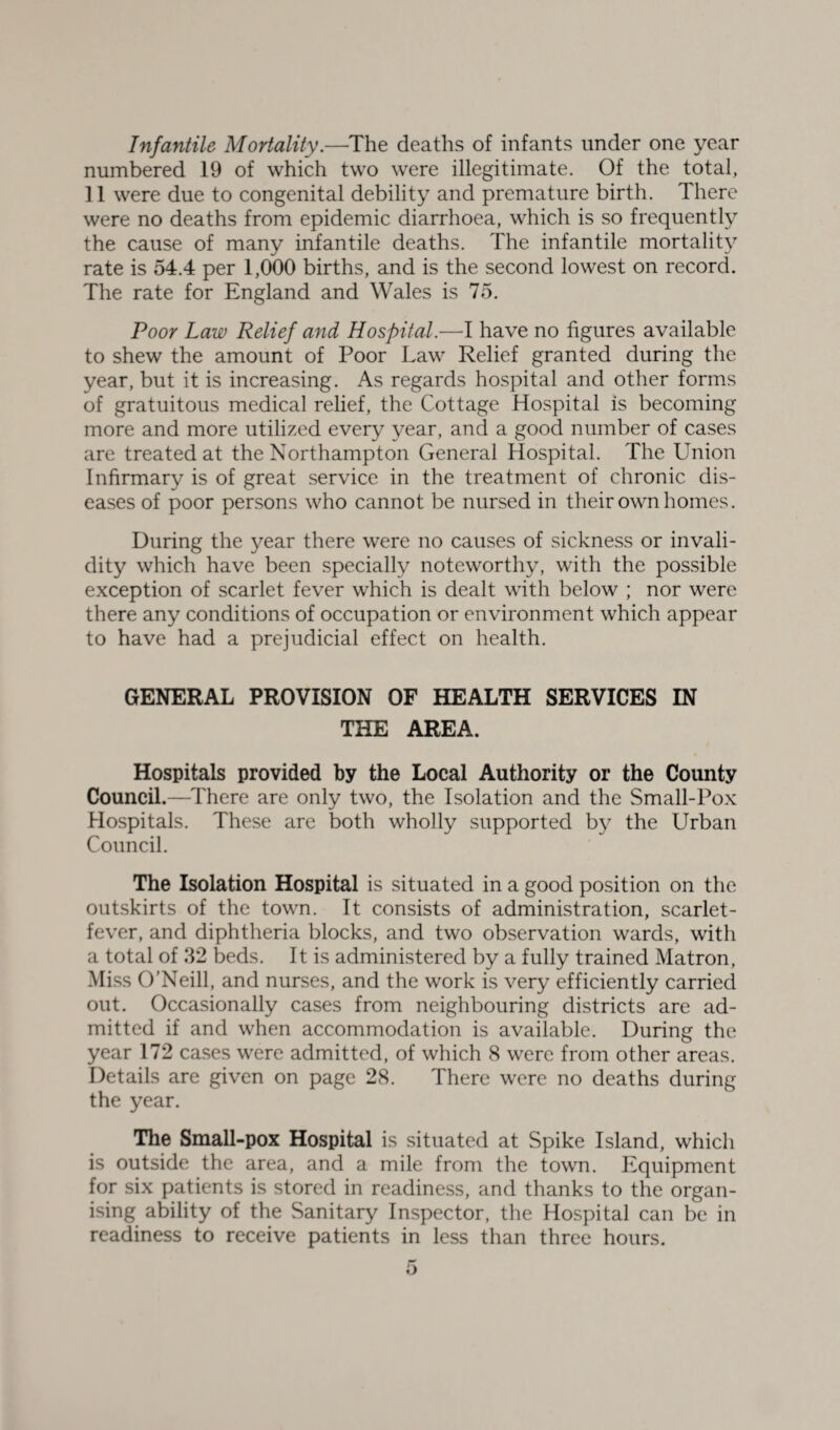 Infantile Mortality.—The deaths of infants under one year numbered 19 of which two were illegitimate. Of the total, 11 were due to congenital debility and premature birth. There were no deaths from epidemic diarrhoea, which is so frequently the cause of many infantile deaths. The infantile mortality rate is 54.4 per 1,000 births, and is the second lowest on record. The rate for England and Wales is 75. Poor Law Relief and Hospital.—I have no figures available to shew the amount of Poor Law Relief granted during the year, but it is increasing. As regards hospital and other forms of gratuitous medical relief, the Cottage Hospital is becoming more and more utilized every year, and a good number of cases are treated at the Northampton General Hospital. The Union Infirmary is of great service in the treatment of chronic dis¬ eases of poor persons who cannot be nursed in their own homes. During the year there were no causes of sickness or invali¬ dity which have been specially noteworthy, with the possible exception of scarlet fever which is dealt with below ; nor were there any conditions of occupation or environment which appear to have had a prejudicial effect on health. GENERAL PROVISION OF HEALTH SERVICES IN THE AREA. Hospitals provided by the Local Authority or the County Council.—There are only two, the Isolation and the Small-Pox Hospitals. These are both wholly supported by the Urban Council. The Isolation Hospital is situated in a good position on the outskirts of the town. It consists of administration, scarlet- fever, and diphtheria blocks, and two observation wards, with a total of 32 beds. It is administered by a fully trained Matron, Miss O’Neill, and nurses, and the work is very efficiently carried out. Occasionally cases from neighbouring districts are ad¬ mitted if and when accommodation is available. During the year 172 cases were admitted, of which 8 were from other areas. Details are given on page 28. There were no deaths during the year. The Small-pox Hospital is situated at Spike Island, which is outside the area, and a mile from the town. Equipment for six patients is stored in readiness, and thanks to the organ¬ ising ability of the Sanitary Inspector, the Hospital can be in readiness to receive patients in less than three hours.