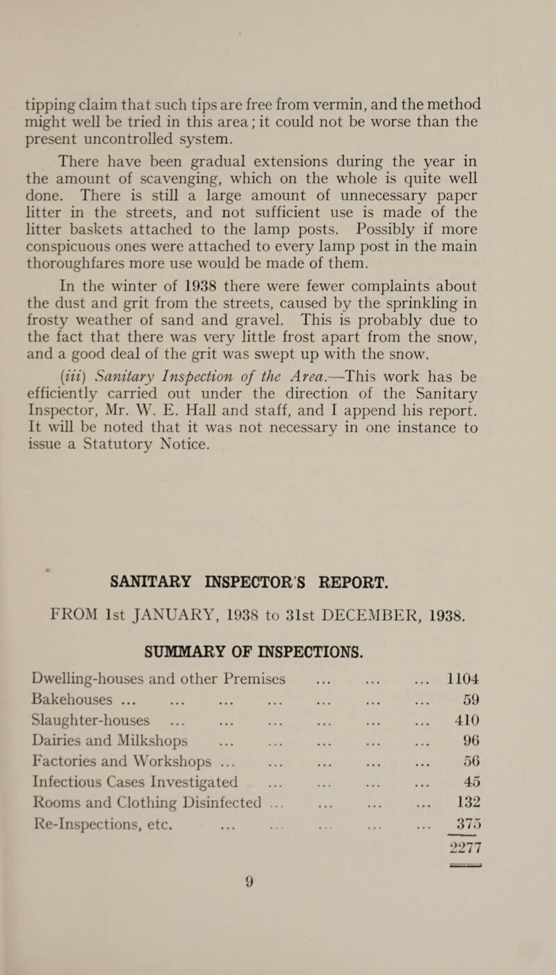 tipping claim that such tips are free from vermin, and the method might well be tried in this area; it could not be worse than the present uncontrolled system. There have been gradual extensions during the year in the amount of scavenging, which on the whole is quite well done. There is still a large amount of unnecessary paper litter in the streets, and not sufficient use is made of the litter baskets attached to the lamp posts. Possibly if more conspicuous ones were attached to every lamp post in the main thoroughfares more use would be made of them. In the winter of 1938 there were fewer complaints about the dust and grit from the streets, caused by the sprinkling in frosty weather of sand and gravel. This is probably due to the fact that there was very little frost apart from the snow, and a good deal of the grit was swept up with the snow. (in) Sanitary Inspection of the Area.—This work has be efficiently carried out under the direction of the Sanitary Inspector, Mr. W. E. Hall and staff, and I append his report. It will be noted that it was not necessary in one instance to issue a Statutory Notice. SANITARY INSPECTORS REPORT. FROM 1st JANUARY, 1938 to 31st DECEMBER, 1938. SUMMARY OF INSPECTIONS. Dwelling-houses and other Premises . 1104 Bakehouses ... . 59 Slaughter-houses . 410 Dairies and Milkshops . 96 Factories and Workshops ... 56 Infectious Cases Investigated ... ... 4>j Rooms and Clothing Disinfected ... . 132 Re-Inspections, etc. . 375 2277