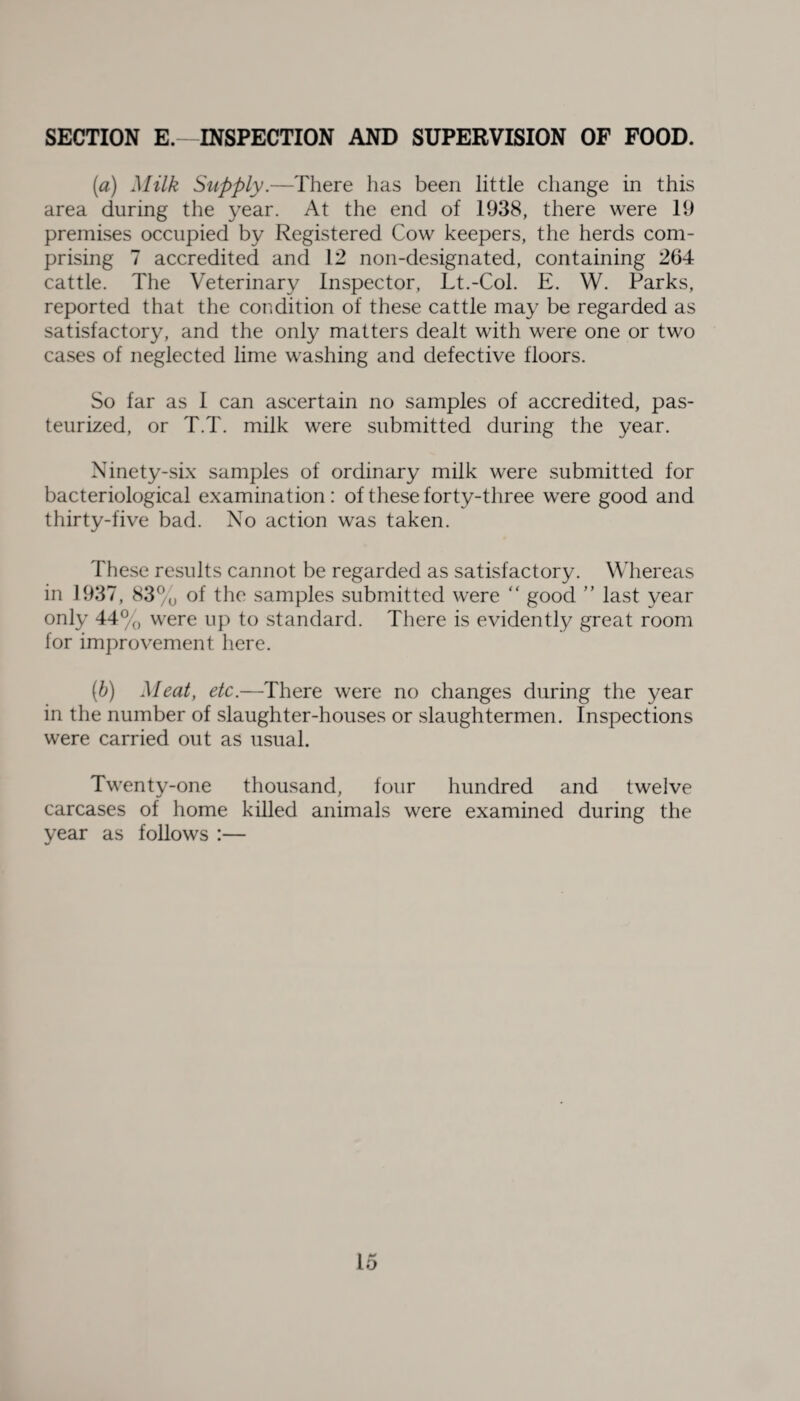 SECTION E.—INSPECTION AND SUPERVISION OF FOOD. [a) Milk Supply.—There has been little change in this area during the year. At the end of 1938, there were 19 premises occupied by Registered Cow keepers, the herds com¬ prising 7 accredited and 12 non-designated, containing 264 cattle. The Veterinary Inspector, Lt.-Col. E. W. Parks, reported that the condition of these cattle may be regarded as satisfactory, and the only matters dealt with were one or two cases of neglected lime washing and defective floors. So far as I can ascertain no samples of accredited, pas¬ teurized, or T.T. milk were submitted during the year. Ninety-six samples of ordinary milk were submitted for bacteriological examination: of these forty-three were good and thirty-five bad. No action was taken. These results cannot be regarded as satisfactory. Whereas in 1937, 83% of the samples submitted were “ good ” last year only 44% were up to standard. There is evidently great room for improvement here. (&) Meat, etc.—There were no changes during the year in the number of slaughter-houses or slaughtermen. Inspections were carried out as usual. Twenty-one thousand, four hundred and twelve carcases of home killed animals were examined during the year as follows :—