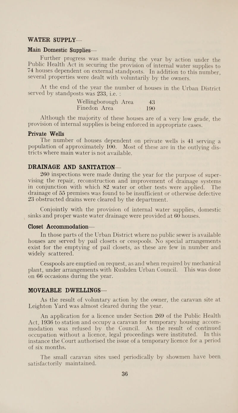 Main Domestic Supplies— Further progress was made during the year by action under the Public Health Act in securing the provision of internal water supplies to 74 houses dependent on external standposts. In addition to this number, several properties were dealt with voluntarily by the owners. At the end of the year the number of houses in the Urban District served by standposts was 233, i.e. : Wellingborough Area 43 Finedon Area 190 Although the majority of these houses are of a very low grade, the provision of internal supplies is being enforced in appropriate cases. Private Wells The number of houses dependent on private wells is 41 serving a population of approximately 100. Most of these are in the outlying dis¬ tricts where main water is not available. DRAINAGE AND SANITATION— 260 inspections were made during the year for the purpose of super¬ vising the repair, reconstruction and improvement of drainage systems in conjunction with which 82 water or other tests were applied. The drainage of 55 premises was found to be insufficient or otherwise defective 23 obstructed drains were cleared by the department. Conjointly with the provision of internal water supplies, domestic sinks and proper waste water drainage were provided at 60 houses. Closet Accommodation— In those parts of the Urban District where no public sewer is available houses are served by pail closets or cesspools. No special arrangements exist for the emptying of pail closets, as these are few in number and widely scattered. Cesspools are emptied on request, as and when required by mechanical plant, under arrangements with Rushden Urban Council. This was done on 66 occasions during the year. MOVEABLE DWELLINGS— As the result of voluntary action by the owner, the caravan site at Leighton Yard was almost cleared during the year. An application for a licence under Section 269 of the Public Health Act, 1936 to station and occupy a caravan for temporary housing accom¬ modation was refused by the Council. As the result of continued occupation without a licence, legal proceedings were instituted. In this instance the Court authorised the issue of a temporary licence for a period of six months. The small caravan sites used periodically by showmen have been satisfactorily maintained.