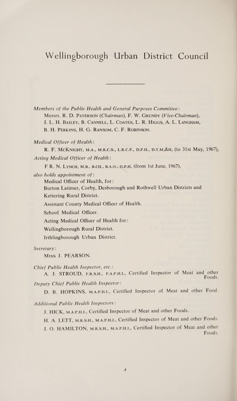 Wellingborough Urban District Council Members of the Public Health and General Purposes Committee: Messrs. R. D. Paterson (Chairman), F. W. Grundy (Vice-Chairman), J. L. H. Bailey, B. Cannell, L. Coates, L. R. Higgs, A. L. Langham, B. H. Perkins, H. G. Ransom, C. F. Robinson. Medical Officer of Health : R. F. McKnight, m.a., m.r.c.s., l.r.c.p., d.p.h., d.t.m,&h, (to 31 st May, 1967), Acting Medical Officer of Health : F R. N. Lynch, m.b., b.ch., b.a.o., d.p.h, (from 1st June, 1967), also holds appointment of: Medical Officer of Health, for: Burton Latimer, Corby, Desborough and Rothwell Urban Districts and Kettering Rural District. Assistant County Medical Officer of Health. School Medical Officer. Acting Medical Officer of Health for: Wellingborough Rural District. Irthlingborough Urban District. Secretary: Miss J. PEARSON. Chief Public Health Inspector, etc.: A. J. STROUD, f.r.s.h., f.a.p.h.i., Certified Inspector of Meat and other Foods. Deputy Chief Public Health Inspector: D. B. HOPKINS, m.a.p.h.i.. Certified Inspector of Meat and other Food. Additional Public Health Inspectors : J. HICK, m.a.p.h.i., Certified Inspector of Meat and other Foods. H. A. LETT, m.r.s.h., m.a.p.h.i., Certified Inspector of Meat and other Foods. J. O. HAMILTON, m.r.s.h., m.a.p.h.i.. Certified Inspector of Meat and other Foods. A