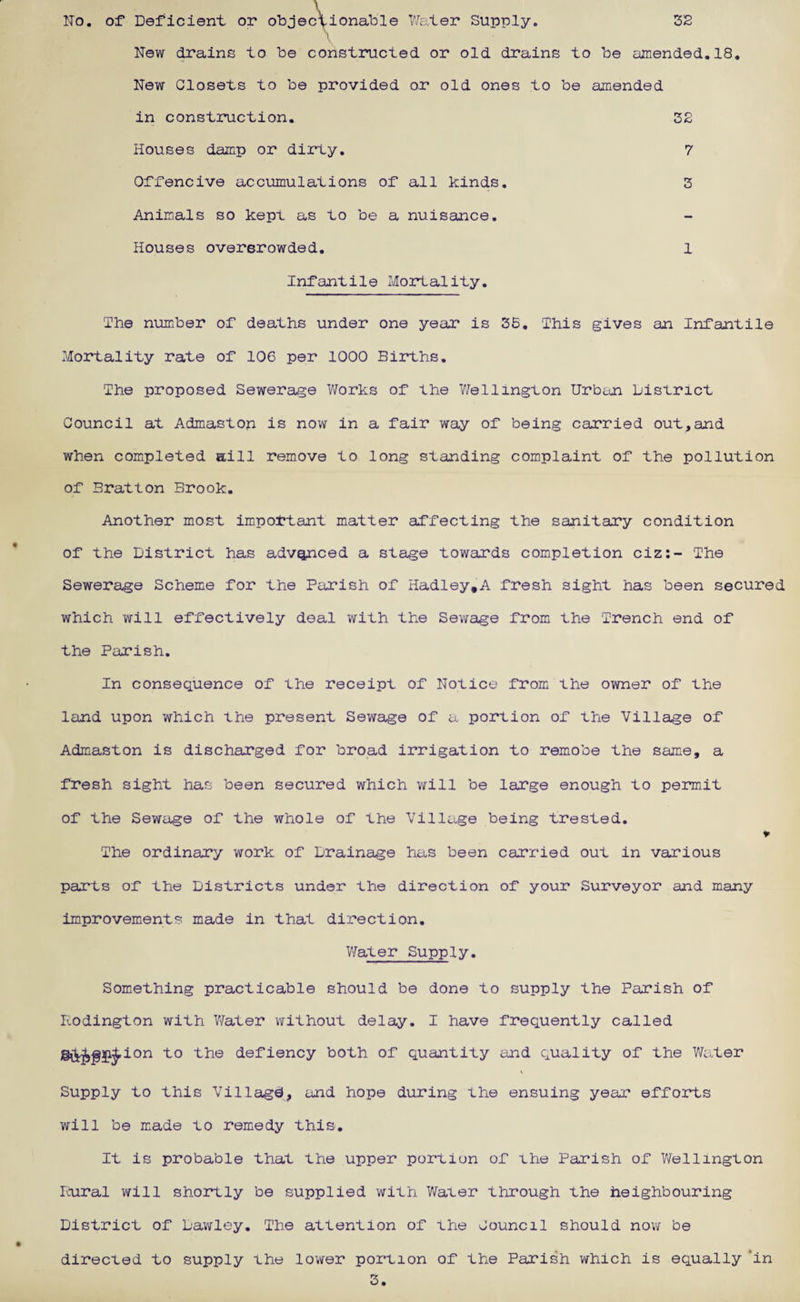 No. of Deficient or objectionable Water Supply. 32 V New drains to be constructed or old drains to be amended.18. New Closets to be provided or old ones to be amended in construction. 32 Houses damp or dirty. 7 Offencive accumulations of all kinds. 3 Animals so kept as to be a nuisance. Houses overerowded. 1 Infantile Mortality. The number of deaths under one year is 35. This gives an Infantile Mortality rate of 106 per 1000 Births. The proposed Sewerage Works of the Wellington Urban District Council at Admastop is now in a fair way of being carried out,and when completed sill remove to long standing complaint of the pollution of Bratton Brook. Another most important matter affecting the sanitary condition of the District has advanced a stage towards completion ciz:- The Sewerage Scheme for the Parish of Hadley,A fresh sight has been secured which will effectively deal with the Sewage from the Trench end of the Parish. In consequence of the receipt of Notice from the owner of the land upon which the present Sewage of a portion of the Village of Admaston is discharged for broad irrigation to remobe the same, a fresh sight has been secured which will be large enough to permit of the Sewage of the whole of the Village being trested. ¥ The ordinary work of Drainage has been carried out in various parts of the Districts under the direction of your Surveyor and many improvements made in that direction. Water Supply. Something practicable should be done to supply the Parish of Rodington with Water without delay. I have frequently called S&^gS^ion to the defiency both of quantity and quality of the Water X Supply to this Village, and hope during the ensuing year efforts will be made to remedy this. It is probable that the upper portion of the Parish of Wellington Rural will shortly be supplied with Water through the neighbouring District of Dawley. The attention of the Douncil should now be directed to supply the lower portion of the Parish which is equally ‘in 3.