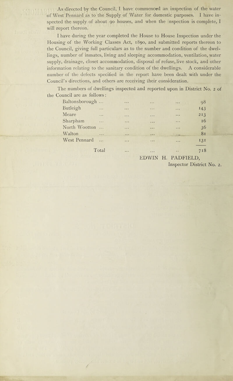 As directed by the Council, I have commenced an inspection of the water of West Pennard as to the Supply of Water for domestic purposes. I have in¬ spected the supply of about 90 houses, and when the inspection is complete, I will report thereon. I have during the year completed the House to House Inspection under the Housing of the Working Classes Act, 1890, and submitted reports thereon to the Council, giving full particulars as to the number and condition of the dwel¬ lings, number of inmates, living and sleeping accommodation, ventilation, water supply, drainage, closet accommodation, disposal of refuse, live stock, and other information relating to the sanitary condition of the dwellings. A considerable number of the defects specified in the report have been dealt with under the Council’s directions, and others are receiving their consideration. The numbers of dwellings inspected and reported upon in District No. 2 of the Council are as follows : Baltonsborough ... 98 Butleigh 143 Meare 213 Sharpham 16 North Wootton ... 36 Walton 81 West Pennard 131 Total 718 EDWIN H. PADFIELD, Inspector District No. 2.