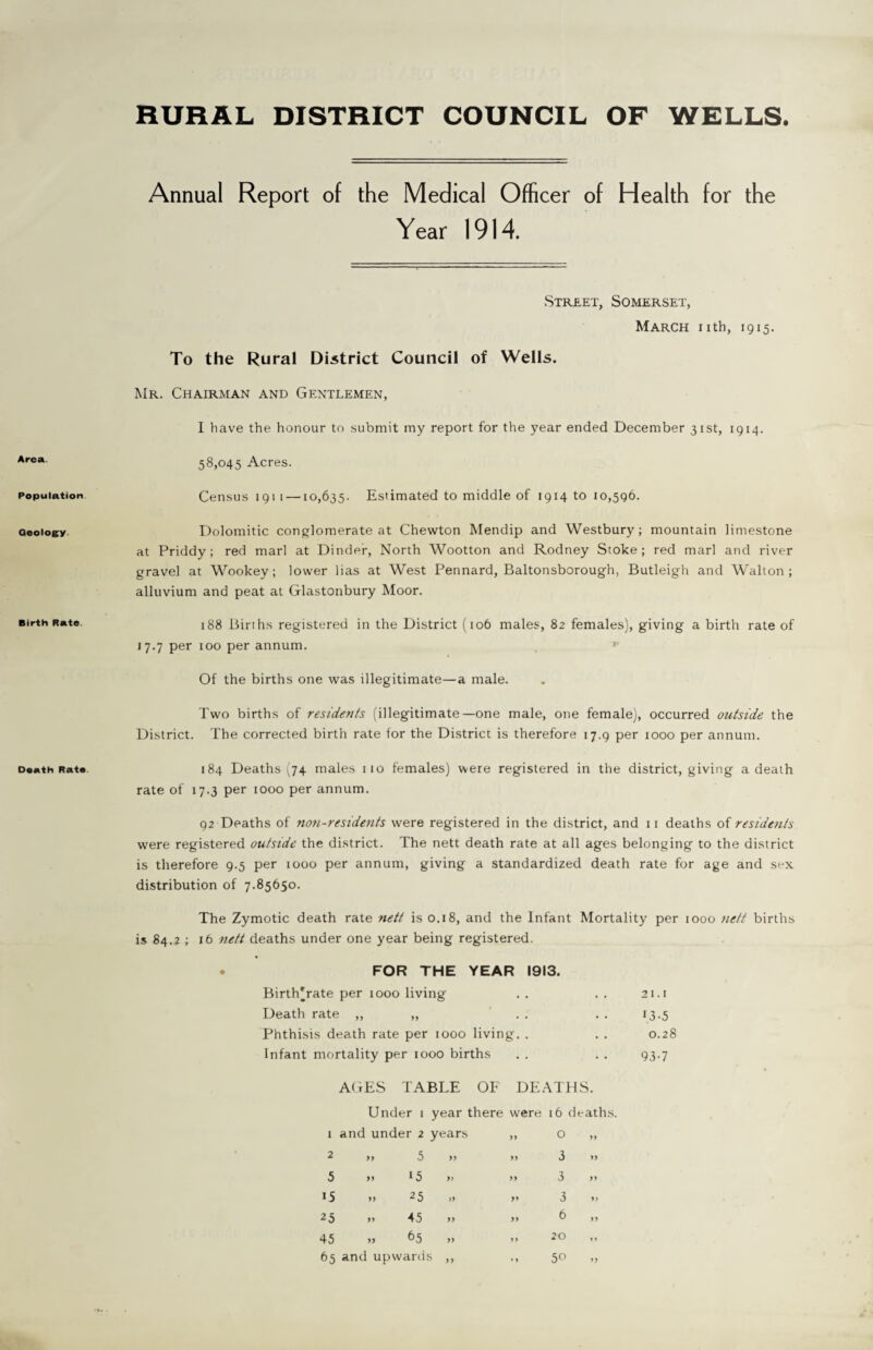 RURAL DISTRICT COUNCIL OF WELLS. Area. Population Geology Birth Rate Death Rate Annual Report of the Medical Officer of Health for the Year 1914. Street, Somerset, March nth, 1915. To the Rural District Council of Wells. Mr. Chairman and Gentlemen, I have the honour to submit my report for the year ended December 31st, 1914. 58,045 Acres. Census 191 1 —10,635. Estimated to middle of 1914 to 10,596. Dolomitic conglomerate at Chewton Mendip and Westbury; mountain limestone at Priddy; red marl at Binder, North Wootton and Rodney Stoke; red marl and river gravel at Wookey; lower lias at West Pennard, Baltonsborough, Butleigh and Walton; alluvium and peat at Glastonbury Moor. 188 Births registered in the District (106 males, 82 females), giving a birth rate of 17.7 per 100 per annum. Of the births one was illegitimate—a male. Two births of residents (illegitimate—one male, one female), occurred outside the District. The corrected birth rate for the District is therefore 17.9 per 1000 per annum. 184 Deaths (74 males 110 females) were registered in the district, giving a death rate of 17.3 per 1000 per annum. 92 Deaths of non-residents were registered in the district, and 11 deaths of residents were registered outside the district. The nett death rate at all ages belonging to the district is therefore 9.5 per 1000 per annum, giving a standardized death rate for age and sox distribution of 7.85650. The Zymotic death rate nett is 0.18, and the Infant Mortality per 1000 nett births is 84.2 ; 16 nett deaths under one year being registered. . FOR THE YEAR 1913. Birth'rate per 1000 living . . . . 21.1 Death rate ,, ,, . . . . 13.5 Phthisis death rate per 1000 living. . . . 0.28 Infant mortality per 1000 births . . . . 93.7 AGES TABLE OF DEATHS. Under 1 year there were 16 deaths. 1 and under 2 years yy 0 >> 2 5 yy yy 3 yy 5 ‘5 y> yy 3 yy i5 25 >y yy 3 yy 25 45 yy yy 6 yy 45 » 65 yy yy 20 11 65 and u pward: ^ yy 50