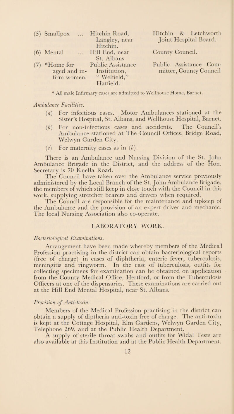 (5) Smallpox (6) Mental (7) *Home for aged and in¬ firm women. Hitchin Road, Langley, near Hitchin. Hill End, near St. Albans. Public Assistance Institution, “ Welfield,” Hatfield. Hitchin & Letchworth Joint Hospital Board. County Council. Public Assistance Com¬ mittee, County Council * All male Infirmary case.> are admitted to Wellhouse Home, Barnet. Ambulance Facilities. (<2) For infectious cases. Motor Ambulances stationed at the Sister’s Hospital, St. Albans, and Wellhouse Hospital, Barnet. (b) For non-infectious cases and accidents. The Council’s Ambulance stationed at The Council Offices, Bridge Road, Welwyn Garden City. (r) For maternity cases as in (b). There is an Ambulance and Nursing Division of the St. John Ambulance Brigade in the District, and the address of the Hon. Secretary is 70 Knella Road. The Council have taken over the Ambulance service previously administered by the Local Branch of the St. John Ambulance Brigade, the members of which still keep in close touch with the Council in this work, supplying stretcher bearers and drivers when required. The Council are responsible for the maintenance and upkeep of the Ambulance and the provision of an expert driver and mechanic. The local Nursing Association also co-operate. LABORATORY WORK. Bacteriological Examinations. Arrangement have been made whereby members of the Medical Profession practising in the district can obtain bacteriological reports (free of charge) in cases of diphtheria, enteric fever, tuberculosis, meningitis and ringworm. In the case of tuberculosis, outfits for collecting specimens for examination can be obtained on application from the County Medical Office, Hertford, or from the Tuberculosis Officers at one of the dispensaries. These examinations are carried out at the Hill End Mental Hospital, near St. Albans. Provision of Anti-toxin. Members of the Medical Profession practising in the district can obtain a supply of diptheria anti-toxin free of charge. The anti-toxin is kept at the Cottage Hospital, Elm Gardens, Welwyn Garden City, Telephone 269, and at the Public Health Department. A supply of sterile throat swabs and outfits for Widal Tests are also available at this Institution and at the Public Health Department.