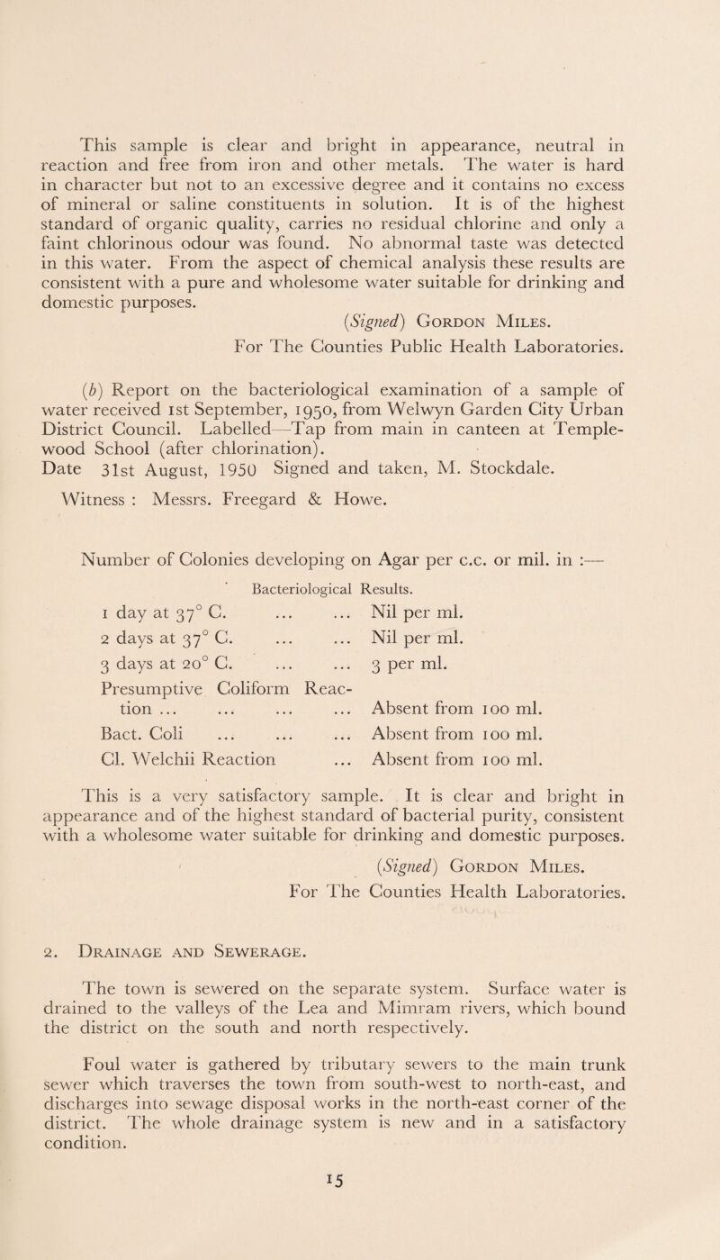 This sample is clear and bright in appearance, neutral in reaction and free from iron and other metals. The water is hard in character but not to an excessive degree and it contains no excess of mineral or saline constituents in solution. It is of the highest standard of organic quality, carries no residual chlorine and only a faint chlorinous odour was found. No abnormal taste was detected in this water. From the aspect of chemical analysis these results are consistent with a pure and wholesome water suitable for drinking and domestic purposes. {Signed) Gordon Miles. For The Counties Public Flealth Laboratories. (b) Report on the bacteriological examination of a sample of water received ist September, 1950, from Welwyn Garden City Urban District Council. Labelled—Tap from main in canteen at Temple- wood School (after chlorination). Date 31st August, 1950 Signed and taken, M. Stockdale. Witness : Messrs. Freegard & Howe. Number of Colonies developing on Agar per c.c. or mil. in :— Bacteriological Results. 1 day at 370 C. 2 days at 370 C. 3 days at 20° C. Presumptive Coliform Reac¬ tion ... ... ... ... Bact. Coli ... ... ... Cl. Welchii Reaction Nil per ml. Nil per ml. 3 per ml. Absent from 100 ml. Absent from 100 ml. Absent from 100 ml. This is a very satisfactory sample. It is clear and bright in appearance and of the highest standard of bacterial purity, consistent with a wholesome water suitable for drinking and domestic purposes. {Signed) Gordon Miles. For File Counties Health Laboratories. 2. Drainage and Sewerage. The town is sewered on the separate system. Surface water is drained to the valleys of the Lea and Mimram rivers, which bound the district on the south and north respectively. Foul water is gathered by tributary sewers to the main trunk sewer which traverses the town from south-west to north-east, and discharges into sewage disposal works in the north-east corner of the district. The whole drainage system is new and in a satisfactory condition.