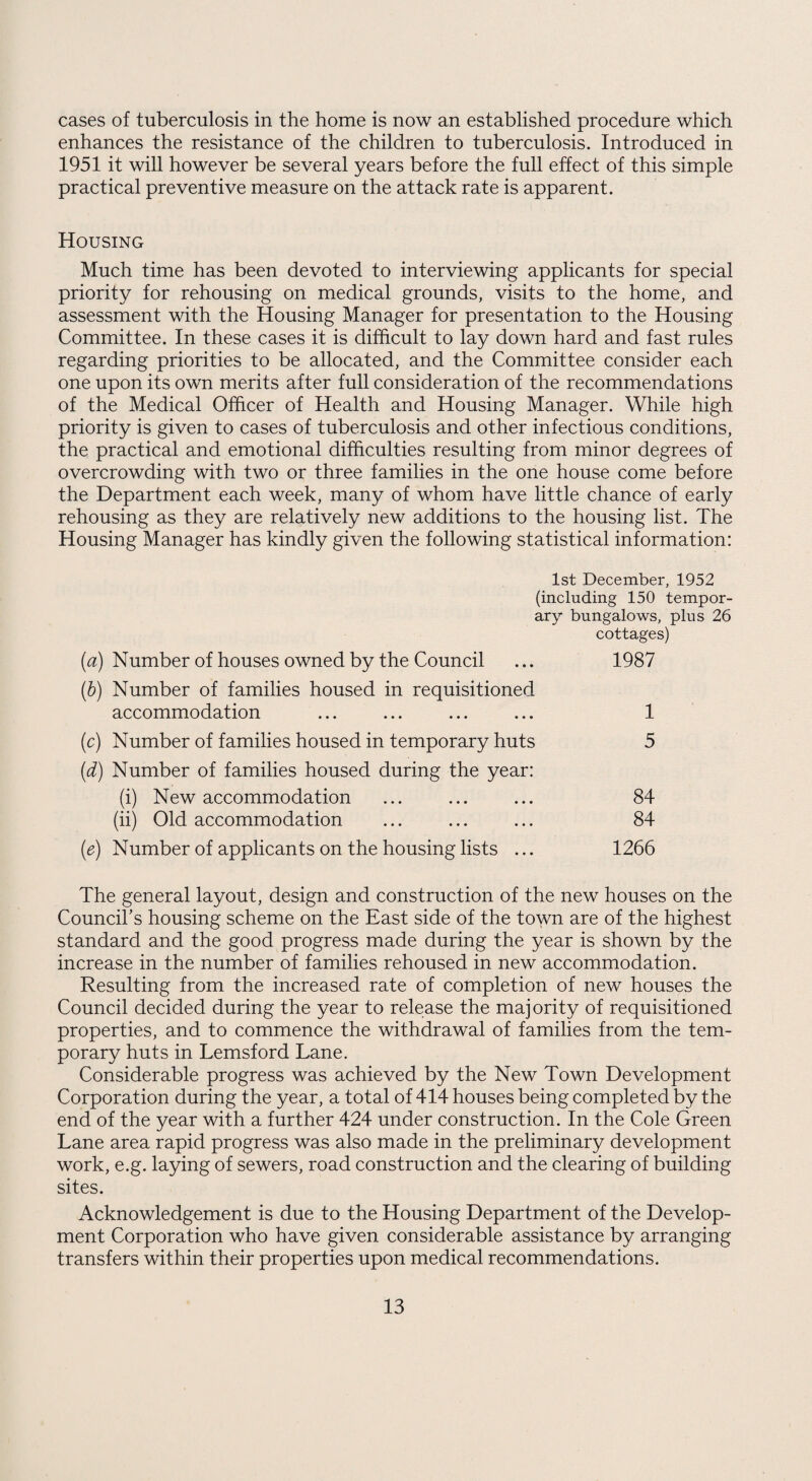 cases of tuberculosis in the home is now an established procedure which enhances the resistance of the children to tuberculosis. Introduced in 1951 it will however be several years before the full effect of this simple practical preventive measure on the attack rate is apparent. Housing Much time has been devoted to interviewing applicants for special priority for rehousing on medical grounds, visits to the home, and assessment with the Housing Manager for presentation to the Housing Committee. In these cases it is difficult to lay down hard and fast rules regarding priorities to be allocated, and the Committee consider each one upon its own merits after full consideration of the recommendations of the Medical Officer of Health and Housing Manager. While high priority is given to cases of tuberculosis and other infectious conditions, the practical and emotional difficulties resulting from minor degrees of overcrowding with two or three families in the one house come before the Department each week, many of whom have little chance of early rehousing as they are relatively new additions to the housing list. The Housing Manager has kindly given the following statistical information: 1st December, 1952 (including 150 tempor¬ ary bungalows, plus 26 cottages) {a) Number of houses owned by the Council ... 1987 (h) Number of families housed in requisitioned accommodation ... ... ... ... 1 (c) Number of families housed in temporary huts 5 {d) Number of families housed during the year: (i) New accommodation ... ... ... 84 (ii) Old accommodation ... ... ... 84 [e) Number of applicants on the housing lists ... 1266 The general layout, design and construction of the new houses on the Council’s housing scheme on the East side of the town are of the highest standard and the good progress made during the year is shown by the increase in the number of families rehoused in new accommodation. Resulting from the increased rate of completion of new houses the Council decided during the year to reffiase the majority of requisitioned properties, and to commence the withdrawal of families from the tem¬ porary huts in Lemsford Lane. Considerable progress was achieved by the New Town Development Corporation during the year, a total of 414 houses being completed by the end of the year with a further 424 under construction. In the Cole Green Lane area rapid progress was also made in the preliminary development work, e.g. laying of sewers, road construction and the clearing of building sites. Acknowledgement is due to the Housing Department of the Develop¬ ment Corporation who have given considerable assistance by arranging transfers within their properties upon medical recommendations.