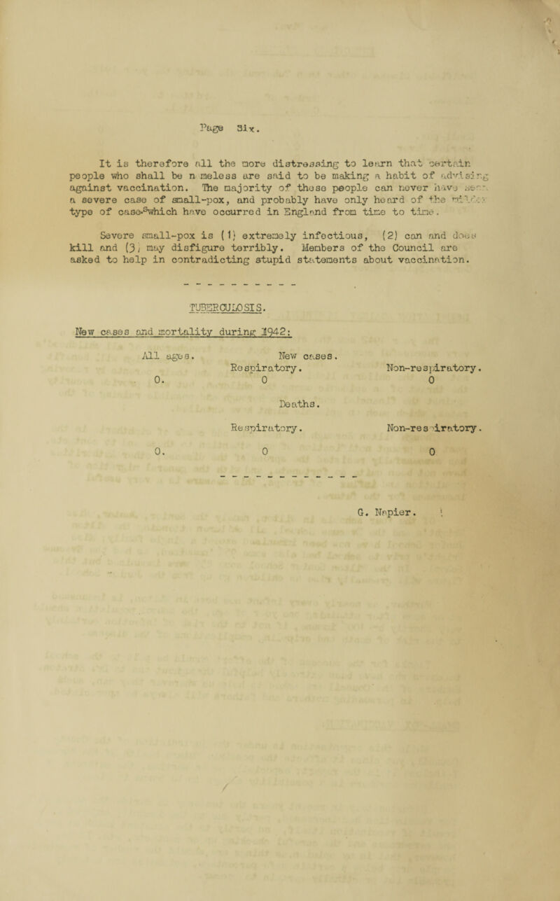\ / Page 3iy. It is therefore all the acre distressing to learn that certain people who shall be n meless are said to be making a habit of advising against vaccination. The majority of these people can never have sera a severe case of small-pox, and probably have only heard of the niVV;. type of case-^which have occurred in England from time to tine. Severe small-pox is (1) extremely infectious, (2) can and does kill and (3/ may disfigure terribly. Members of the Council ore asked to help in contradicting stupid statements about vaccination. TUBERCULOSIS. New cases and mortality during III942; All ages. New cases. Respiratory. Non-respiratory. 0. 0 0 Death 3. Respiratory. Non-re 3 Oratory. 0. 0 0 G. Napier.