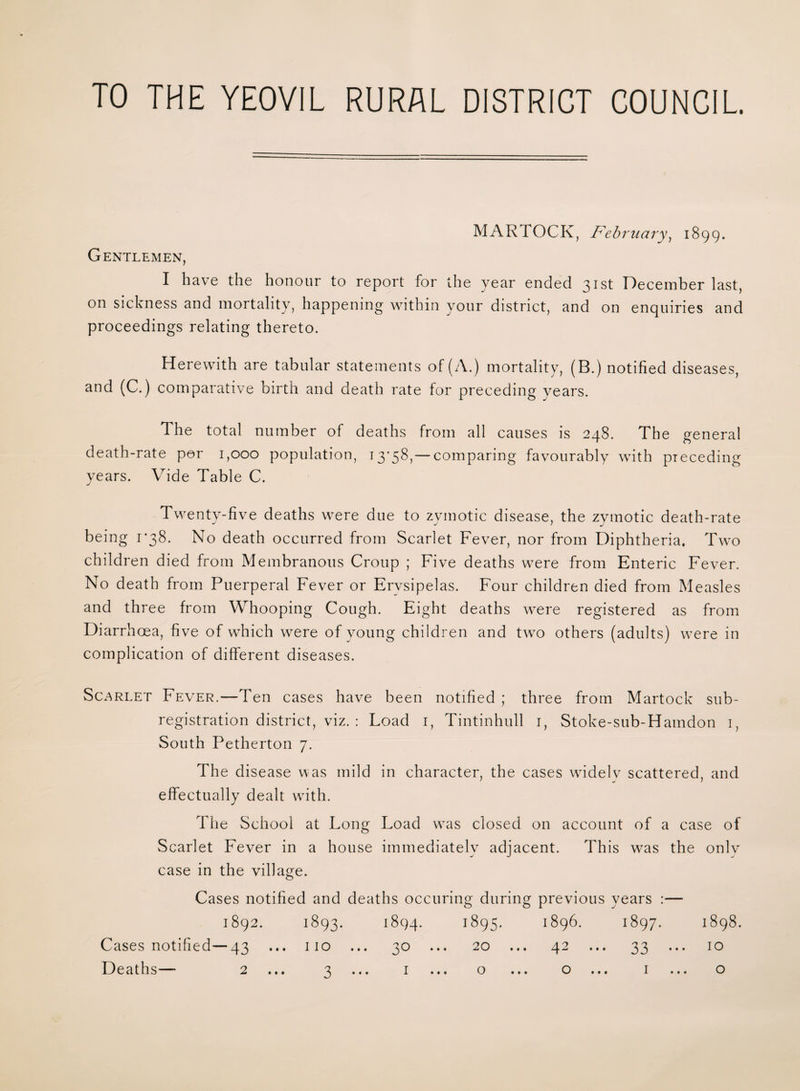 MARTOCK, February, 1899. Gentlemen, I have the honour to report for the year ended 3Ist December last, on sickness and mortality, happening within your district, and on enquiries and proceedings relating thereto. Herewith are tabular statements of (A.) mortality, (B.) notified diseases, and (C.) comparative birth and death rate for preceding years. The total number of deaths from all causes is 248. The general death-rate per 1,000 population, 13-58, —comparing favourably with preceding years. Vide Table C. Twenty-five deaths were due to zymotic disease, the zymotic death-rate being 1*38. No death occurred from Scarlet Fever, nor from Diphtheria. Two children died from Membranous Croup ; Five deaths were from Enteric Fever. No death from Puerperal Fever or Erysipelas. Four children died from Measles and three from Whooping Cough. Eight deaths were registered as from Diarrhoea, five of which were of young children and two others (adults) were in complication of different diseases. Scarlet Fever.—Ten cases have been notified ; three from Martock sub¬ registration district, viz. : Load 1, Tintinhull 1, Stoke-sub-Hamdon 1, South Petherton 7. The disease was mild in character, the cases widely scattered, and effectually dealt with. The School at Long Load was closed on account of a case of Scarlet Fever in a house immediately adjacent. This was the only case in the village. Cases notified and deaths occuring during previous years :— 1892. 1893. 1894. 1895. 1896. 1897. 1898. Cases notified—43 ... 110 ... 30 ... 20 ... 42 ... 33 ... 10