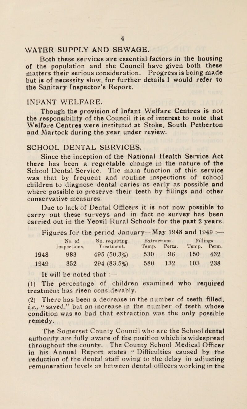 WATER SUPPLY AND SEWAGE. Both these services are essential factors in the housing of the population and the Council have given both these matters their serious consideration. Progress is being made but is of necessity slow, for further details I would refer to the Sanitary Inspector’s Report. INFANT WELFARE. Though the provision of Infant Welfare Centres is not the responsibility of the Council it is of interest to note that Welfare Centres were instituted at Stoke, South Pethcrton and Martock during the year under review. SCHOOL DENTAL SERVICES. Since the inception of the National Health Service Act there has been a regretable change in the nature of the School Dental Service. The main function of this service was that by frequent and routine inspections of school children to diagnose dental caries as early as possible and where possible to preserve their teeth by fillings and other conservative measures. Due to lack of Dental Officers it is not now possible to carry out these surveys and in fact no survey has been carried out in the Yeovil Rural Schools for the past 2 years. Figures for the period January—May 1948 and 1949 :— No. of No. requiring Extractions. Fillings. Inspections. Treatment. Teinp. Perm. Temp. Perm. 1948 983 495 (50.3%) 530 96 150 432 1949 352 294 (83.5%) 580 132 103 238 It will be noted that :— (1) The percentage of children examined who required treatment has risen considerably. (2) There has been a decrease in the number of teeth filled, i.e., “ saved,” but an increase in the number of teeth whose condition was so bad that extraction was the only possible remedy. The Somerset County Council who are the School dental authority are fully aware of the position which is widespread throughout the county. The County School Medical Officer in his Annual Report states “ Difficulties caused by the reduction of the dental staff owing to the delay in adjusting remuneration levels as between dental officers working in the