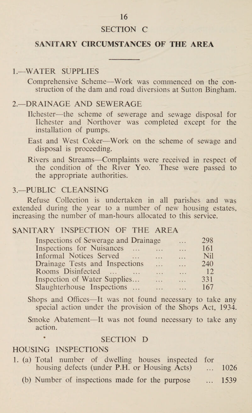 SECTION C SANITARY CIRCUMSTANCES OF THE AREA L—WATER SUPPLIES Comprehensive Scheme—Work was commenced on the con¬ struction of the dam and road diversions at Sutton Bingham. 2. —DRAINAGE AND SEWERAGE Ilchester—the scheme of sewerage and sewage disposal for Ilchester and Northover was completed except for the installation of pumps. East and West Coker—Work on the scheme of sewage and disposal is proceeding. Rivers and Streams—Complaints were received in respect of the condition of the River Yeo. These were passed to the appropriate authorities. 3. —PUBLIC CLEANSING Refuse Collection is undertaken in all parishes and was extended during the year to a number of new housing estates, increasing the number of man-hours allocated to this service. SANITARY INSPECTION OF THE AREA Inspections of Sewerage and Drainage ... 298 Inspections for Nuisances ... ... ... 161 Informal Notices Served ... ... ... Nil Drainage Tests and Inspections ... ... 240 Rooms Disinfected ... ... ... ... 12 Inspection of Water Supplies... ... ... 331 Slaughterhouse Inspections ... ... ... 167 Shops and Offices—It was not found necessary to take any special action under the provision of the Shops Act, 1934. Smoke Abatement—It was not found necessary to take any action. SECTION D HOUSING INSPECTIONS 1. (a) Total number of dwelling houses inspected for housing defects (under P.H. or Housing Acts) ... 1026 (b) Number of inspections made for the purpose ... 1539