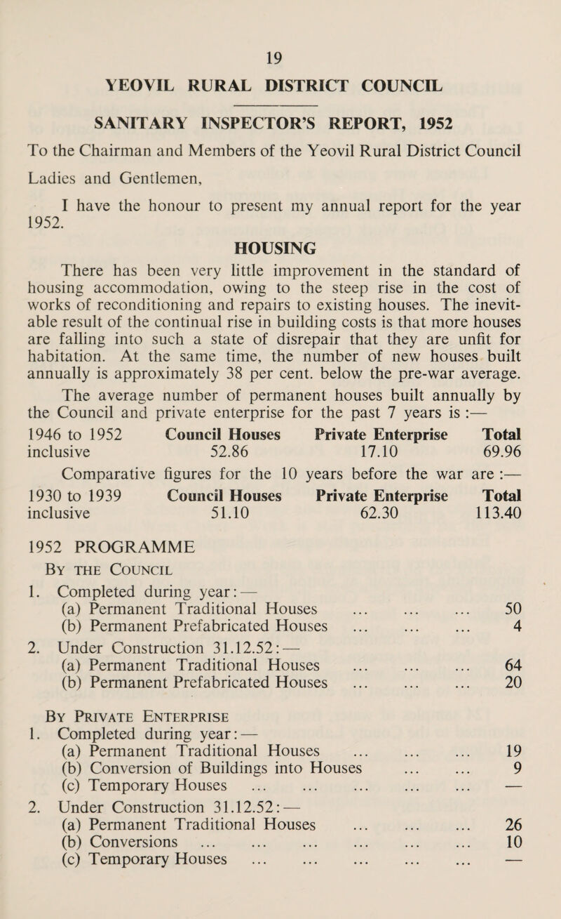 YEOVIL RURAL DISTRICT COUNCIL SANITARY INSPECTOR’S REPORT, 1952 To the Chairman and Members of the Yeovil Rural District Council Ladies and Gentlemen, I have the honour to present my annual report for the year 1952. HOUSING There has been very little improvement in the standard of housing accommodation, owing to the steep rise in the cost of works of reconditioning and repairs to existing houses. The inevit¬ able result of the continual rise in building costs is that more houses are failing into such a state of disrepair that they are unfit for habitation. At the same time, the number of new houses built annually is approximately 38 per cent, below the pre-war average. The average number of permanent houses built annually by the Council and private enterprise for the past 7 years is :— 1946 to 1952 Council Houses Private Enterprise Total inclusive 52.86 17.10 69.96 Comparative figures for the 10 years before the war are :— 1930 to 1939 Council Houses Private Enterprise Total inclusive 51.10 62.30 113.40 1952 PROGRAMME By the Council 1. Completed during year: — (a) Permanent Traditional Houses (b) Permanent Prefabricated Houses 2. Under Construction 31.12.52: — (a) Permanent Traditional Houses (b) Permanent Prefabricated Houses By Private Enterprise 1. Completed during year: — (a) Permanent Traditional Houses (b) Conversion of Buildings into Houses (c) Temporary Houses 2. Under Construction 31.12.52: — (a) Permanent Traditional Houses (b) Conversions (c) Temporary Houses . 50 4 64 20 19 9 26 10