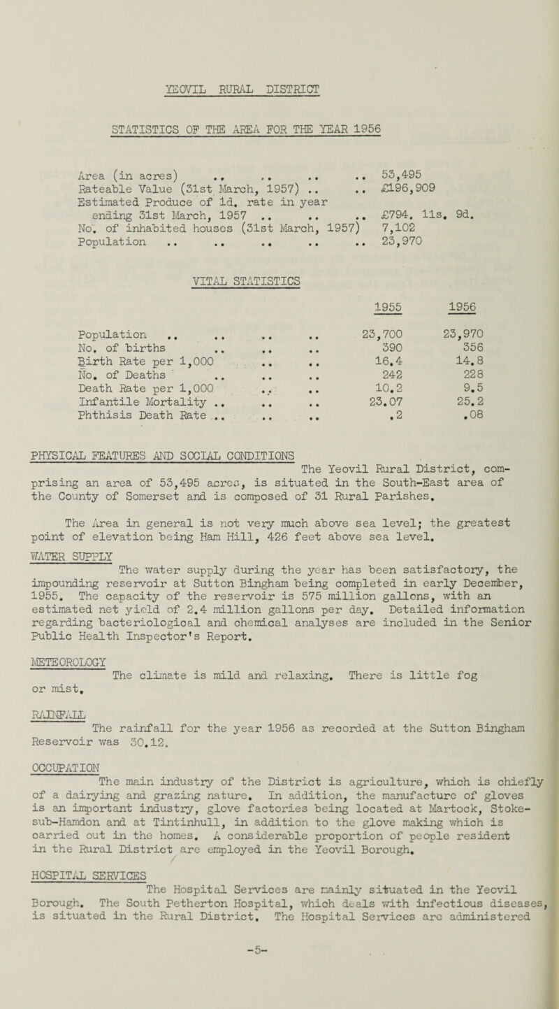 STATISTICS OF THE AREA FOR THE YEAR 1956 Area (in acres) .. 53,495 Rateable Value (31st March, 1957) .. £196,909 Estimated Produce of Id. rate in year ending 31st I^Iarch, 1957 .. .. £794. 11s . 9d. No'; of inhabited houses (31st March, 1957) 7,102 Population .. ., ., .. 23,970 VITAL STATISTICS 1955 1956 Population 23,700 23,970 No, of births 390 356 Birth Rate per 1,000 16.4 14.8 No. of Deaths  .. 242 228 Death Rate per 1,000 10.2 9.5 Infantile Mortality ., 23.07 25.2 Phthisis Death Rate,.. .2 .08 PHYSICAL FEATURES MD SOCIAL CONDITIONS The Yeovil Rural District, com¬ prising an area of 53,495 arrcs, is situated in the South-East area of the County of Somerset and is composed of 31 Rural Parishes, The Area in general is not very much ahove sea level; the greatest point of elevation being Ham Hill, 426 feet above sea level. Y/ATER SUPPLY The water supply during the year has been satisfactory, the impounding reservoir at Sutton Bingham being completed in early December, 1955. The capacity of the reservoir is 575 million gallons, with an estimated net yield of 2.4 million gallons per day. Detailed information regarding bacteriological and chemical analyses are included in the Senior Public Health Inspector’s Report, METEOROLOGY The climate is mild and relaxing. There is little fog or mist. The rainfall for the year 1956 as recorded at the Sutton Bingham Reservoir was 30.12. OCCUPATION The main industry of the District is agriculture, which is chiefly of a dairying and grazing nature. In addition, the manufacture of gloves is an iji5)ortant industry, glove factories being located at Martock, Stoke- sub-Hamdon and at Tintinhull, in addition to the glove making which is carried out in the homes, A considerable proportion of people resident in the Rural District are en^loyed in the Yeovil Borough, HOSPITilL SERVICES The Hospital Services are mainly situated in the Yeovil Borough, The South Petherton Hospital, which deals with infectious diseases, is situated in the Rural District, The Hospital Services are administered -5-