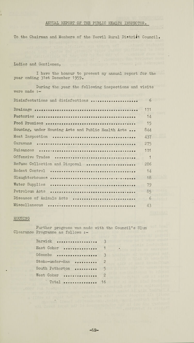 * ANNUAL REPORT OF THE PUBLIC HEALTH INSPECTOR. \ To the Chairman and Members of the Yeovil Rural District Council* Ladies and Gentlemen, > I have the honour to present my annual report for the year ending 31st December 1959* During the year the following inspections and visits were made s — Disinfestations and disinfections 6 Drainage •••«..•••••.•••••••••.•»...•••.••• 171 Factories ................ 14 Food Premises . ............ 19 Housing, under Housing Acts and Public Health Acts ... 844 Meat Inspection ....... 437 Caravans ......... 275 Nuisances .. 101 Offensive Trades .. 1 Refuse Collection and Disposal 286 Rodent Control ..... 14 Slaughterhouses ......••.. 18 Water Supplies . 79 Petroleum Acts ...... 85 Diseases of Animals Acts ..... 6 Miscellaneous •••... 43 HOUSING Further progress 'was made with the Council’s Slum Clearance Programme as follows s- Barwick .. 3 East Coker •...•••••.«...• 1 Odcombe . 3 Stoke-under-Ham .. 2 South Petherton . 5 West Coker 2 Total • •. 16 -12-