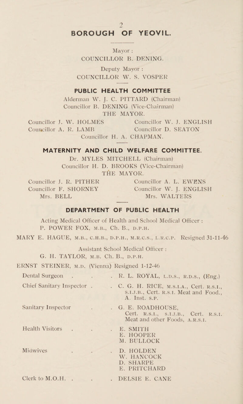 9 BOROUGH OF YEOVIL. Mayor : COUNCILLOR B. DENING. Deputy Mayor : COUNCILLOR W. S. VOSPER PUBLIC HEALTH COMMITTEE Alderman W. J. C. PITTARD (Chairman) Councillor B. DENING (Vice-Chairman) THE MAYOR. Councillor J. W. HOLMES Councillor W. J. ENGLISH Councillor A. R. LAMB Councillor D. SEATON Councillor H. A. CHAPMAN. MATERNITY AND CHILD WELFARE COMMITTEE. Dr. MYLES MITCHELL (Chairman) Councillor H. D. BROOKS (Vice-Chairman) THE MAYOR. Councillor J. R. PITHER Councillor A. L. EWENS Councillor F. SHORNEY Councillor W. J. ENGLISH Mrs. BELL Mrs. WALTERS DEPARTMENT OF PUBLIC HEALTH Acting Medical Officer of Health and School Medical Officer : P. POWER FOX, m.b., Ch. B., d.p.h. MARY E. HAGUE, m.b., c.h.b., d.p.h., m.r.c.s., l.r.c.p. Resigned 31-11-46 Assistant School Medical Officer : G. H. TAYLOR, m.b. Ch ERNST STEINER, m.d. (Vienna) Dental Surgeon Chief Sanitary Inspector . Sanitary Inspector Health Visitors Midwives Clerk to M.O.H. . B., D.P.H. Resigned 1-12-46 R. L. ROYAL, l.d.s., r.d.s., (Eng.) C. G. H. RICE, m.s.i.a., Cert, r.s.i., s.i.j.b., Cert. R.s.i. Meat and Food., A. Inst. s.p. G. E. ROADHOUSE, Cert, r.s.i., s.i.j.b., Cert, r.s.i. Meat and other Foods, a.r.s.i. E. SMITH E. HOOPER M. BULLOCK D. HOLDEN W. HANCOCK D. SHARPE E. PRITCHARD DELSIE E. CANE