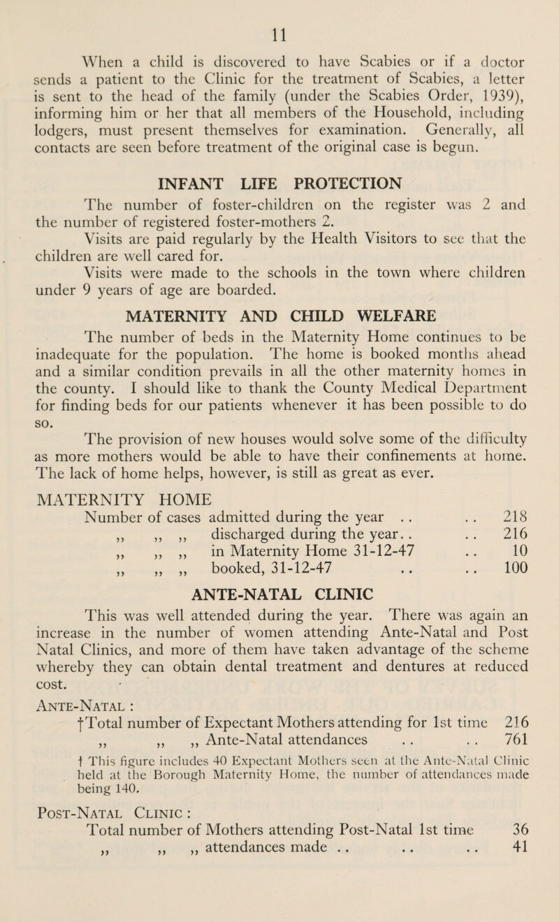 When a child is discovered to have Scabies or if a doctor sends a patient to the Clinic for the treatment of Scabies, a letter is sent to the head of the family (under the Scabies Order, 1939), informing him or her that all members of the Household, including lodgers, must present themselves for examination. Generally, all contacts are seen before treatment of the original case is begun. INFANT LIFE PROTECTION The number of foster-children on the register was 2 and the number of registered foster-mothers 2. Visits are paid regularly by the Health Visitors to see that the children are well cared for. Visits were made to the schools in the town where children under 9 years of age are boarded. MATERNITY AND CHILD WELFARE The number of beds in the Maternity Home continues to be inadequate for the population. The home is booked months ahead and a similar condition prevails in all the other maternity homes in the county. I should like to thank the County Medical Department for finding beds for our patients whenever it has been possible to do so. The provision of new houses would solve some of the difficulty as more mothers would be able to have their confinements at home. The lack of home helps, however, is still as great as ever. MATERNITY HOME Number of cases admitted during the year . . . . 218 ,, ,, ,, discharged during the year. . . . 216 ,, ,, ,, in Maternity Home 31-12-47 . . 10 ,, ,, ,, booked, 31-12-47 .. .. 100 ANTE-NATAL CLINIC This was well attended during the year. There was again an increase in the number of women attending Ante-Natal and Post Natal Clinics, and more of them have taken advantage of the scheme whereby they can obtain dental treatment and dentures at reduced cost. Ante-Natal : f Total number of Expectant Mothers attending for 1st time 216 ,, ,, ,, Ante-Natal attendances . . . . 761 1 This figure includes 40 Expectant Mothers seen at the Ante-Natal Clinic held at the Borough Maternity Home, the number of attendances made being 140. Post-Natal Clinic : Total number of Mothers attending Post-Natal 1st time ,, ,, ,, attendances made .. 36 41 • • • •